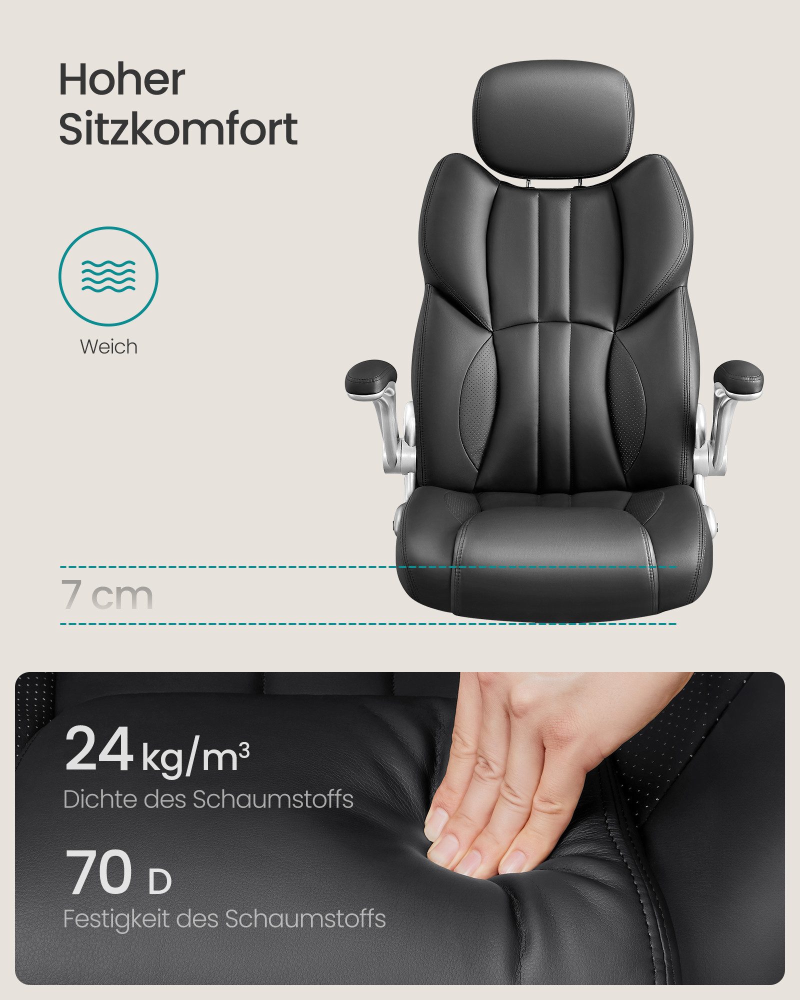 SONGMICS Bürostuhl Gaming-Stuhl, verstellbare Kopfstütze, Wippfunktion, Schreibtischstuhl, verstellbare Armlehnen, Universalrollen, höhenverstellbar – Bild 4 von 5