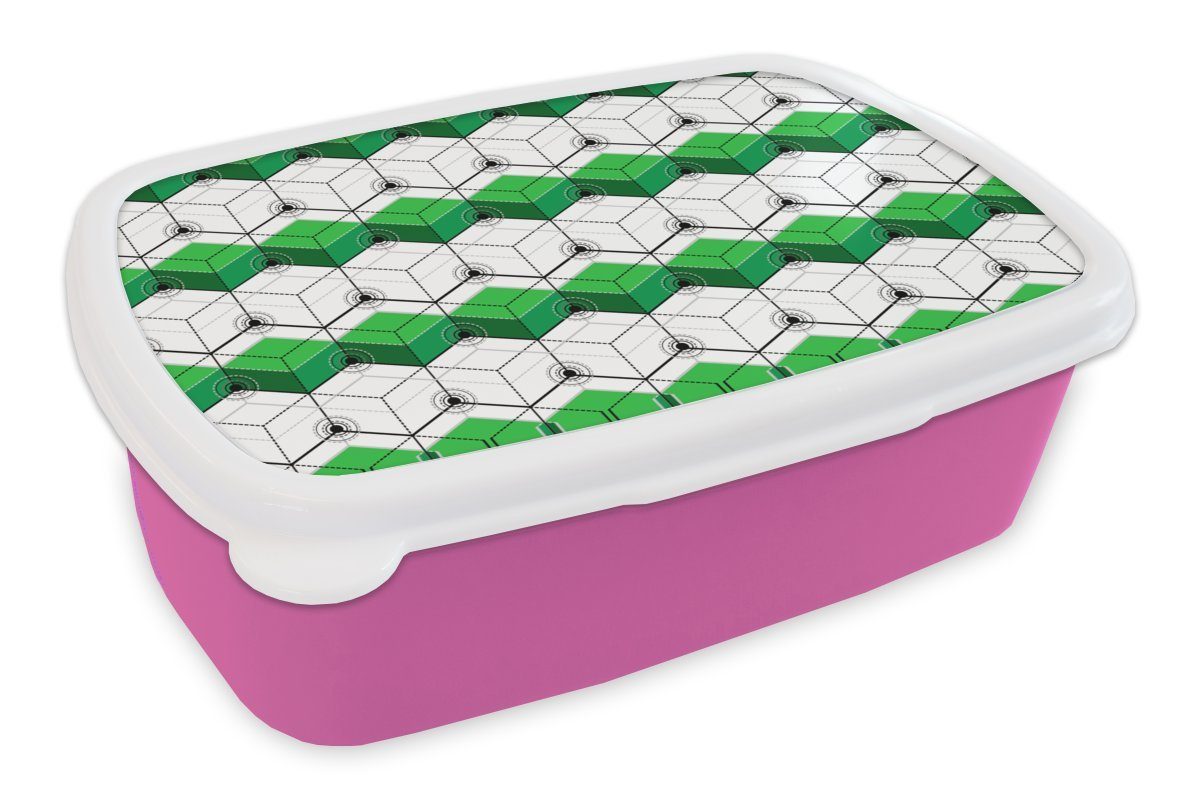 MuchoWow Lunchbox Blöcke - Muster - 3D - Grün, Kunststoff, (2-tlg), Brotbox für Erwachsene, Brotdose Kinder, Snackbox, Mädchen, Kunststoff rosa