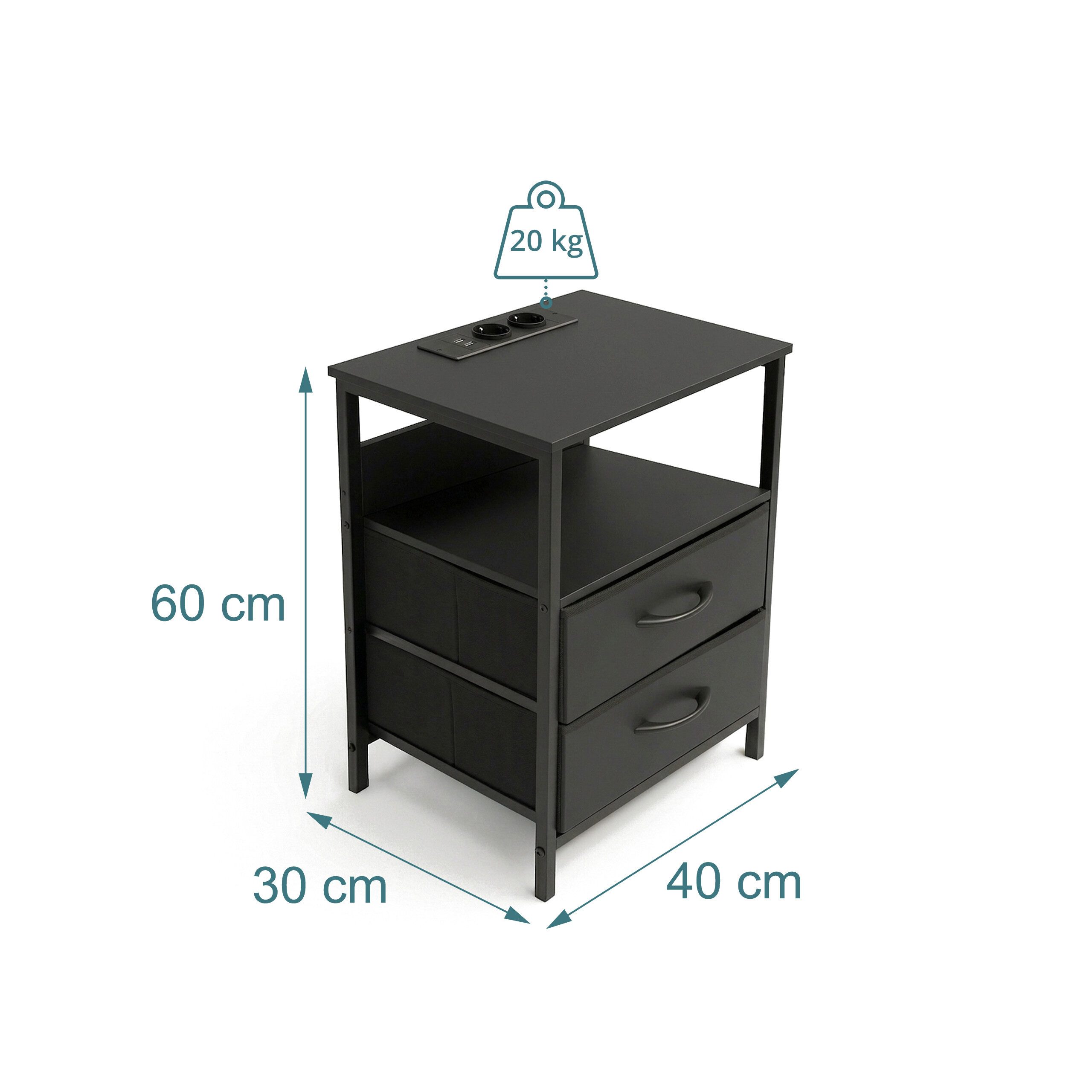 relaxdays Nachttisch Beistelltisch mit LED & USB-Anschluss, schwarz
