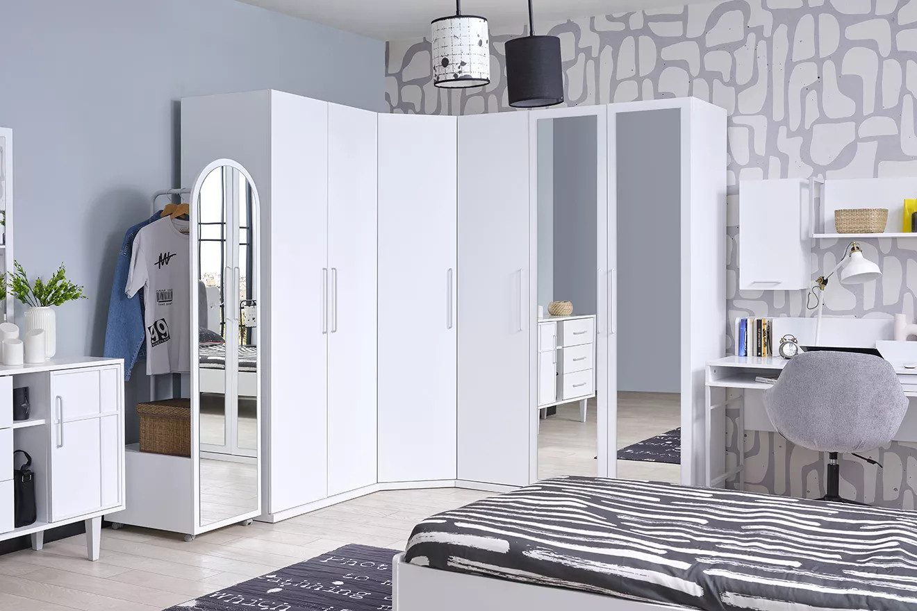 Möbel-Zeit Kleiderschrank LIKYA – Konfigurierbar: Weiß, Glas oder Spiegel – 2x LED-Kleiderstange