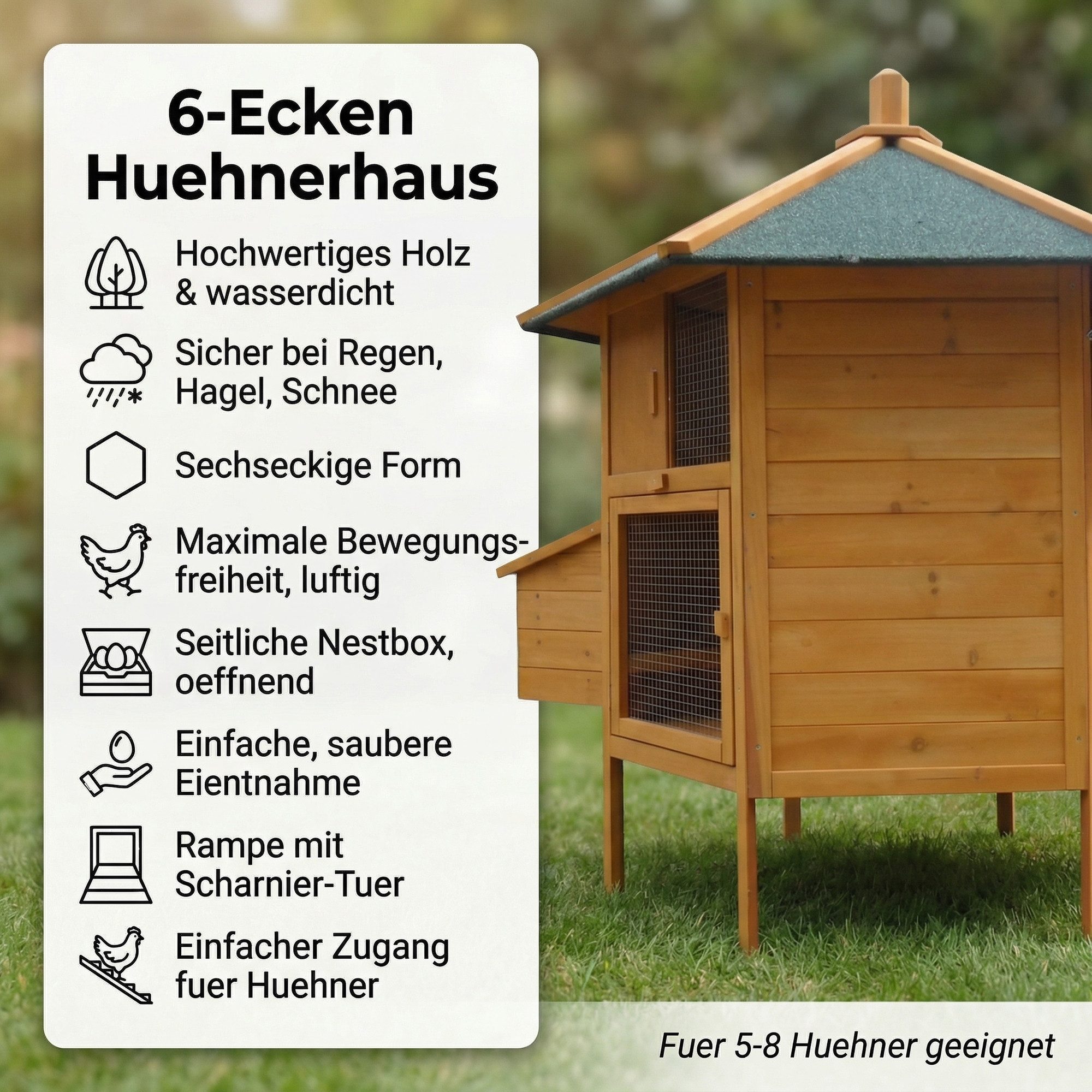 Mucola Kleintierkäfig Gefügelstall Hühnerhaus XXL 6-Ecken Freigehege Kleintierstall, für 5-8 Hühner
