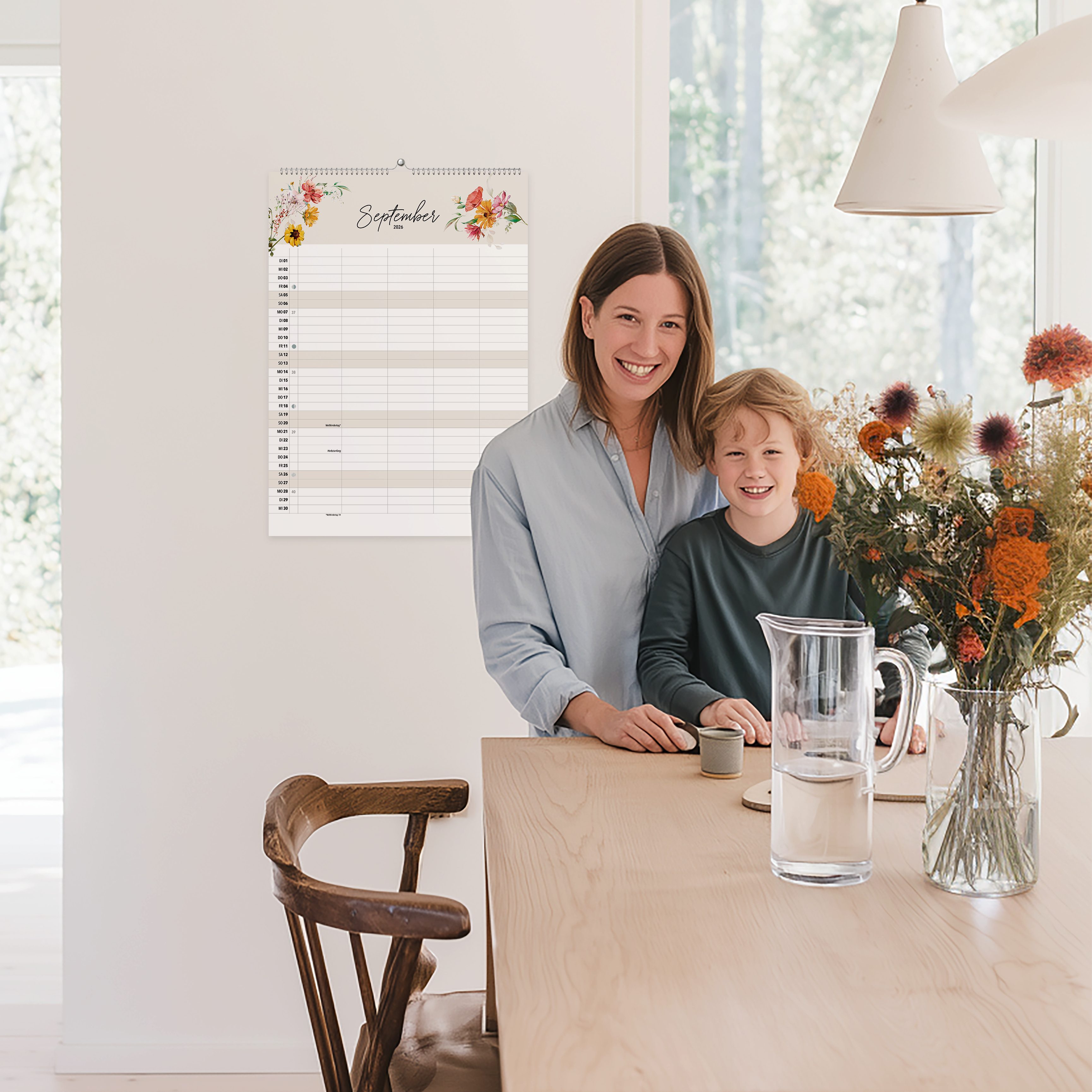 heaven+paper Familienkalender A3 Familienplaner WILDFLOWER 5 Spalten 2026 blumig, hochwertig, Hergestellt in Deutschland