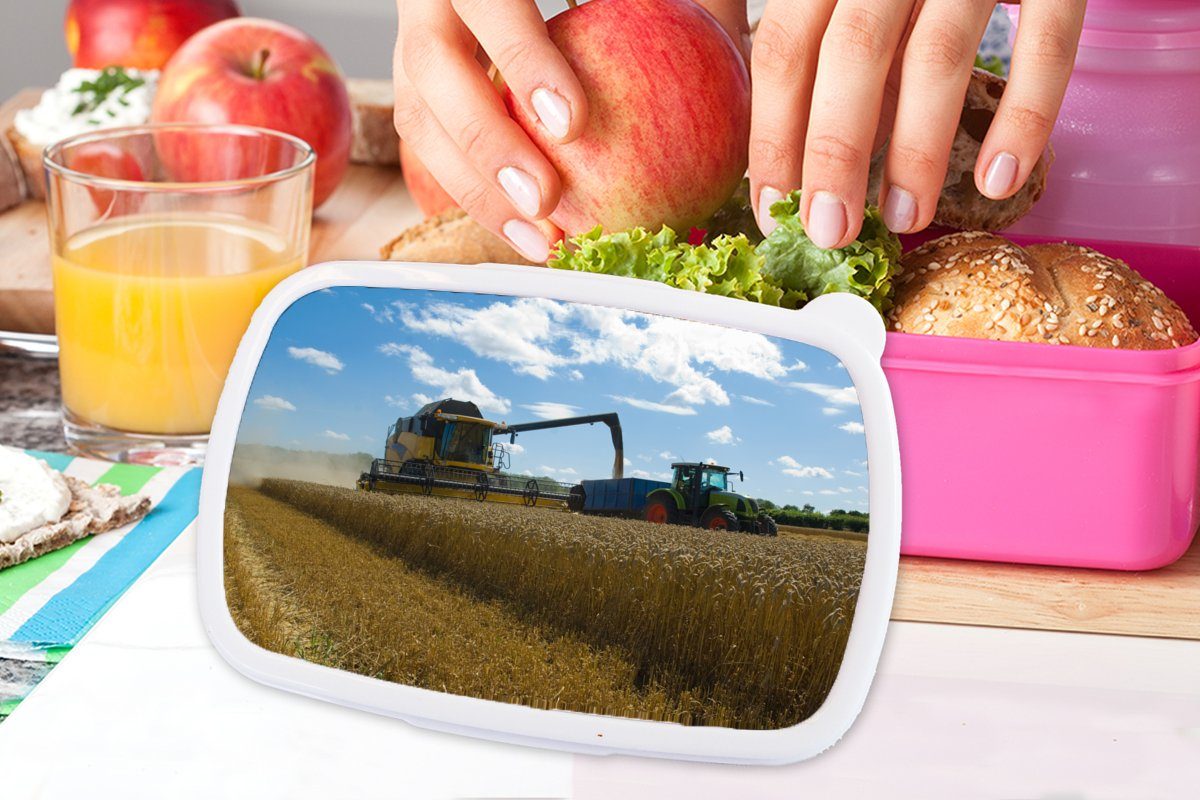 MuchoWow Lunchbox Traktor - (2-tlg), Kunststoff Mädchen, Brotbox Brotdose - - Erwachsene, Kunststoff, Ernte Landleben Snackbox, Getreide, Kinder, Bauernhof für - rosa