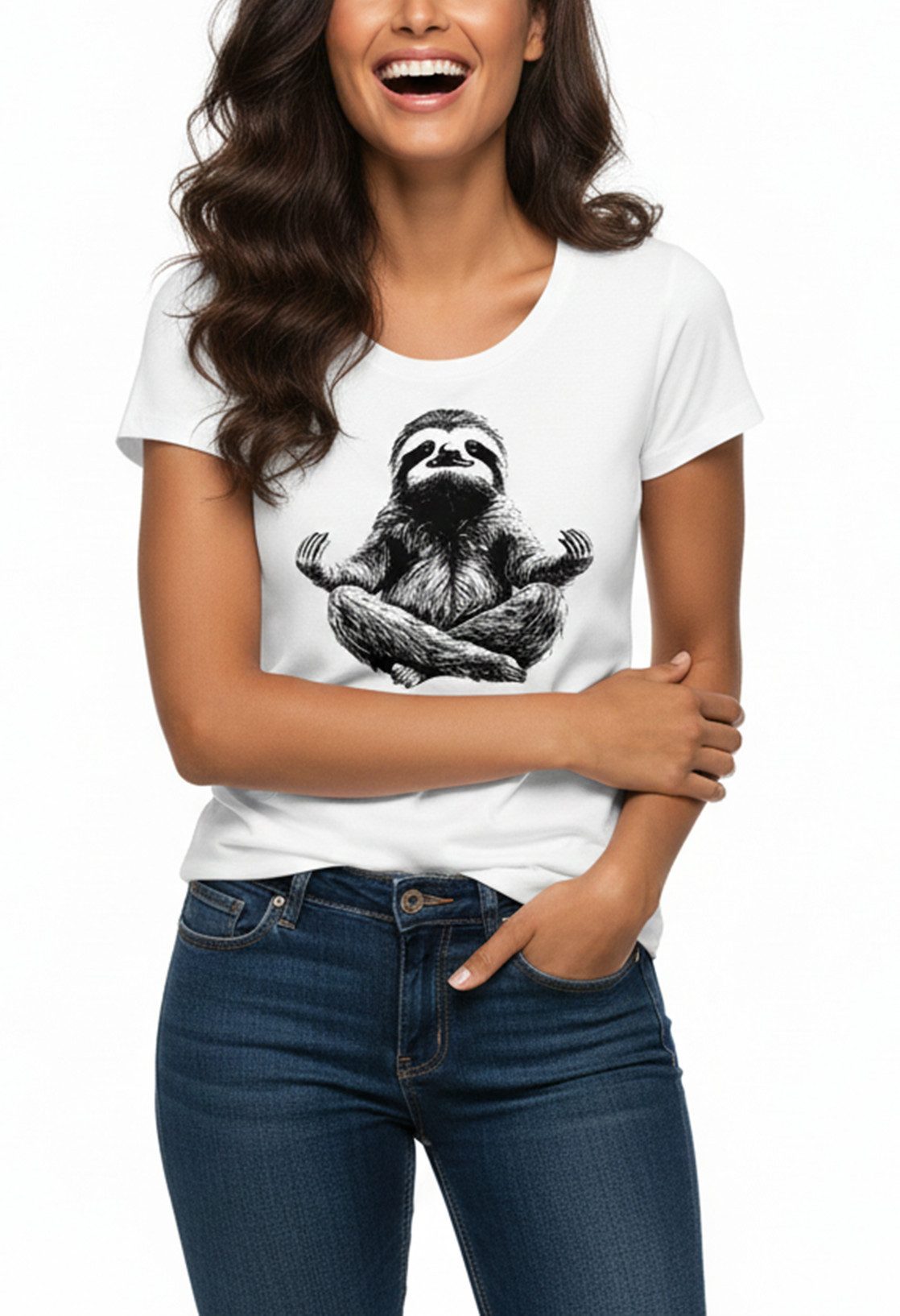 MAKAYA T-Shirt Lustiges Faultier Motiv Top – Buddha & Yoga Tierprint für Damen (Weiß, S, M, L, XL) Baumwolle