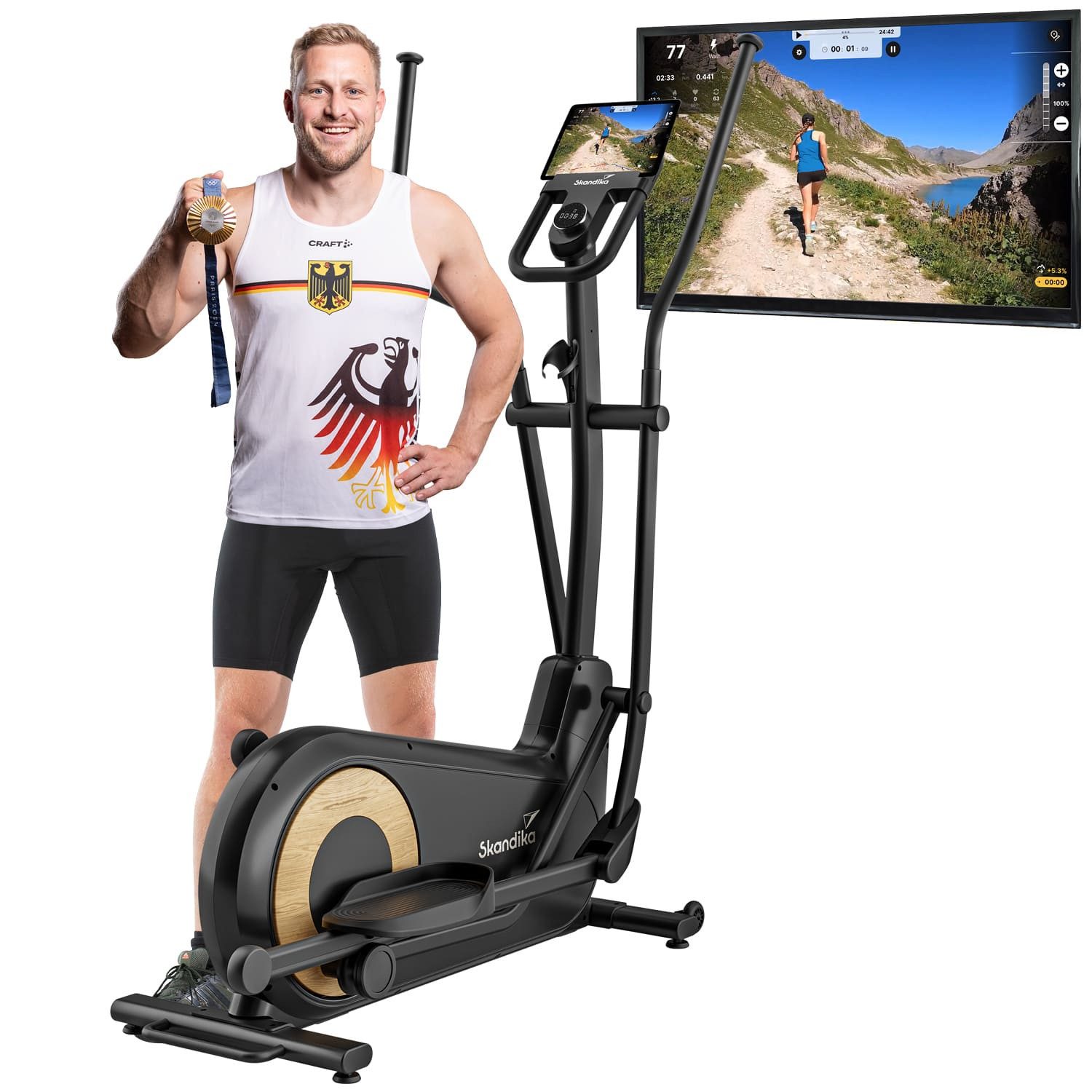 Skandika Crosstrainer Carbon P24-RG, Heimtrainer ohne Strom, mit Generator, Magnetbremse, Schwungmassensystem 24 kg, Widerstandsstufen 16, Tablet-Halterung