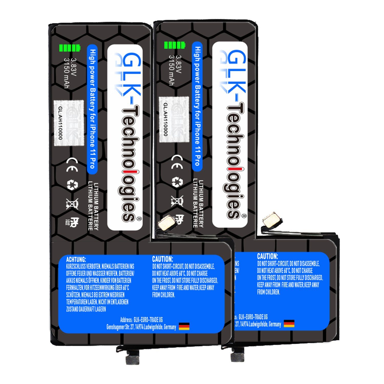 GLK-Technologies High Power Ersatz Akku für Apple iPhone 11 Pro inkl. 2X Klebebandsätze Smartphone-Akku 3150 mAh (3,8 V)