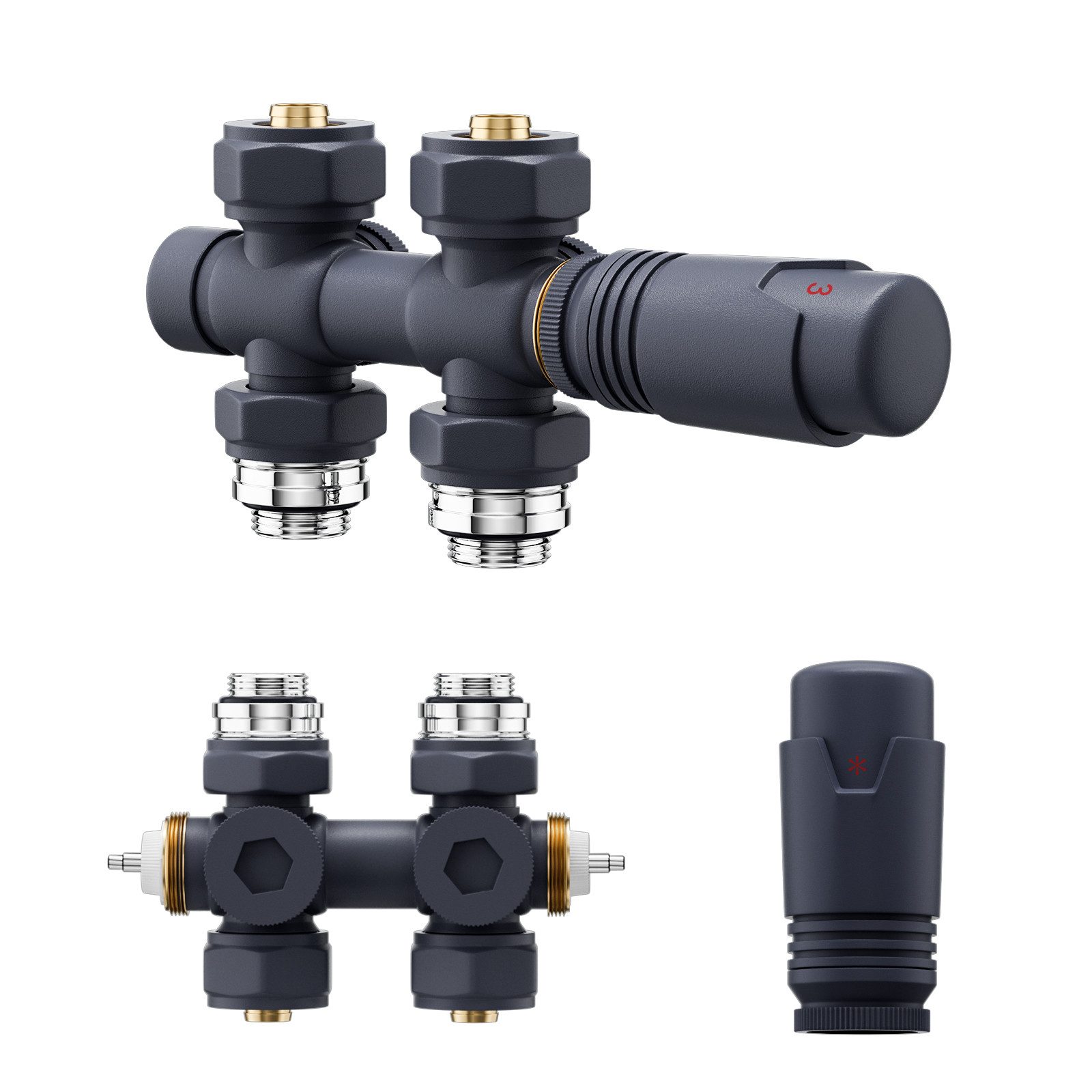 MEYKOERS Heizkörperthermostat Multiblock Set für Heizkörper Messing Anschlussarmatur, (Geeignet für 16 mm Mehrschichtrohre, 1 St., G 1/2", 50mm Anschluss mittig-unten) Eck- und Durchgangsform Anschlussarmatur, Weiß / Anthrazit / Chrom