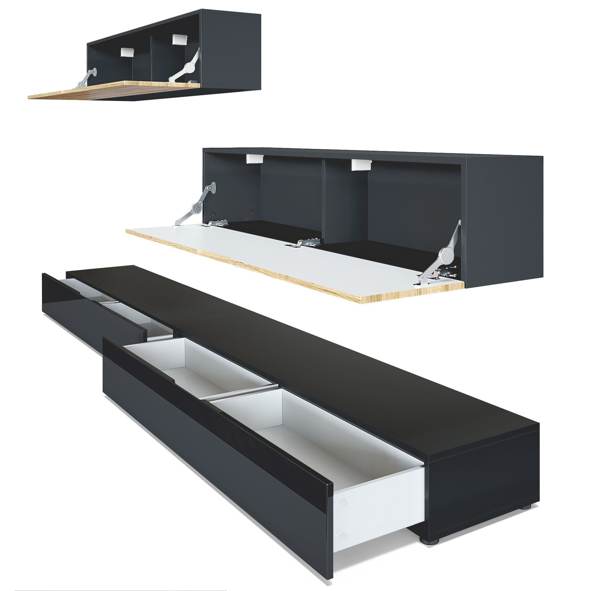 Vladon Wohnwand Nublo, (Anbauwand, mit Rückwand mit 2 Klappen und 2 Sockelelementen), Schwarz matt, Schwarz Hochglanz und Brombeer Hochglanz (280x147x39 cm)