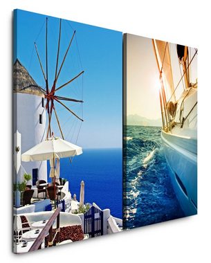Sinus Art Leinwandbild 2 Bilder je 60x90cm Griechenland Santorini Mittelmeer Traumurlaub Segeln Segelyacht blaues Meer