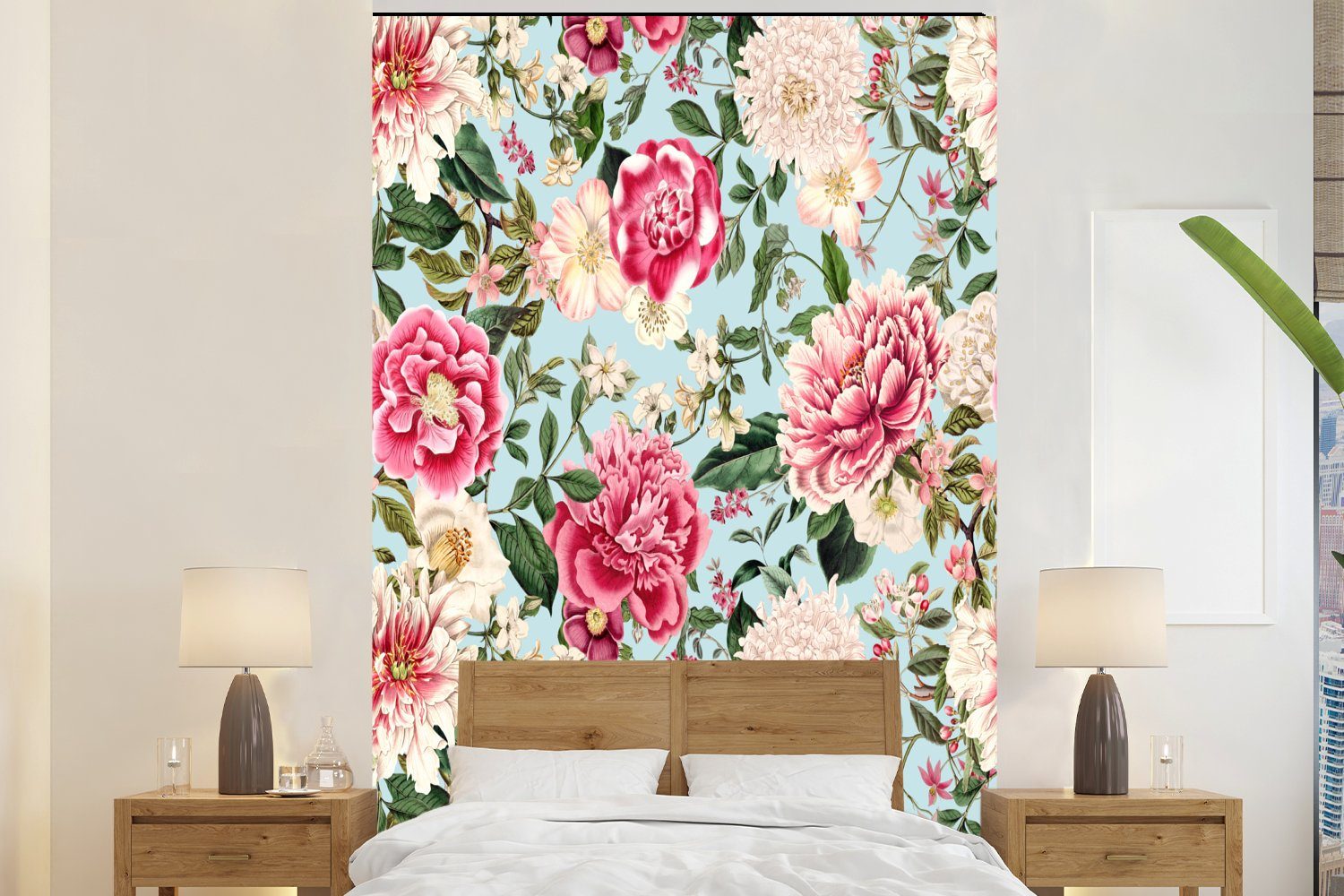 MuchoWow Fototapete Blumen - Rosa - Muster, Matt, bedruckt, (3 St), Montagefertig Vinyl Tapete für Wohnzimmer, Wandtapete