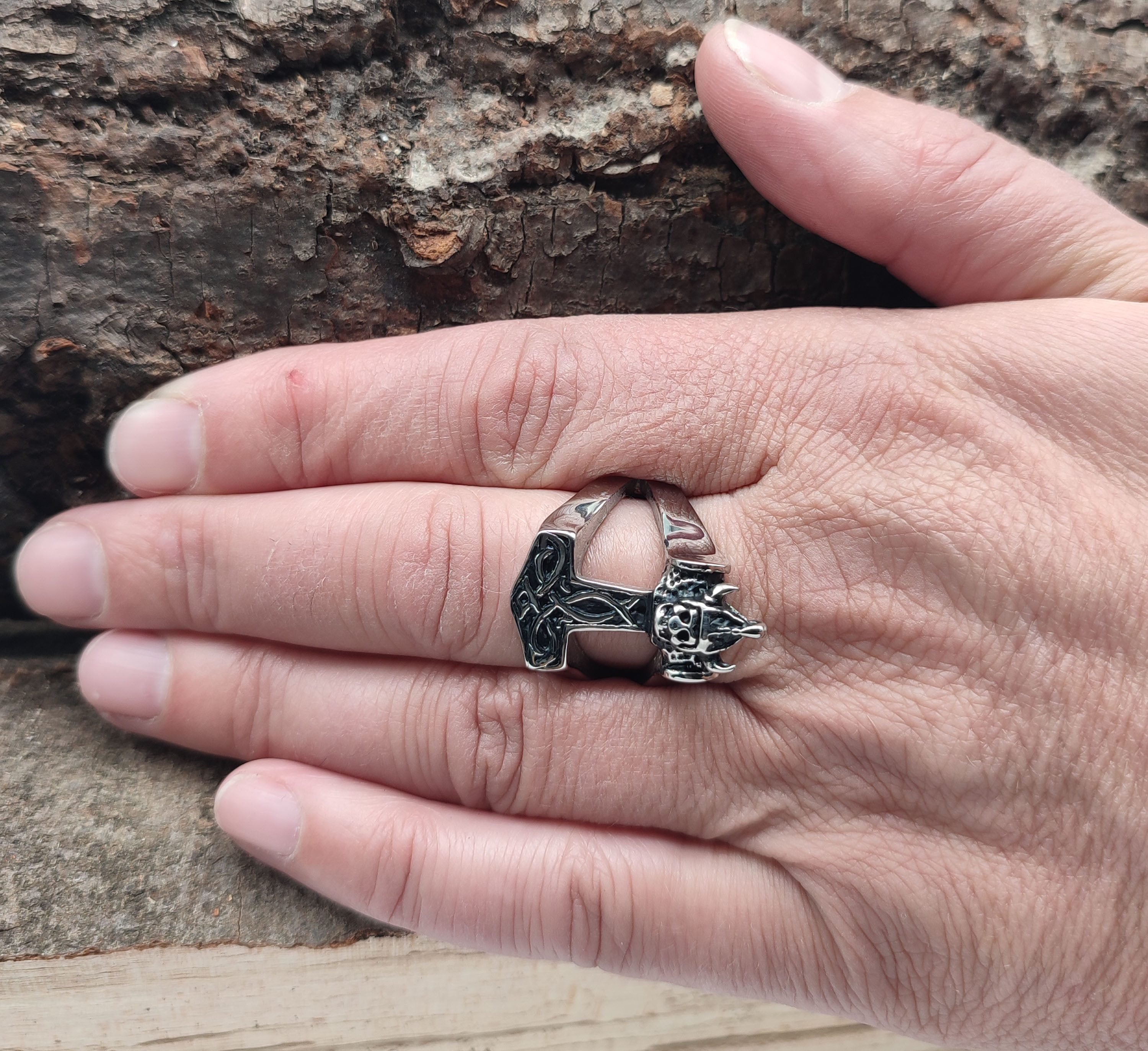 Kiss of Leather Fingerring RING THORSHAMMER GR. 57-74 (TH27)- EDELSTAHL