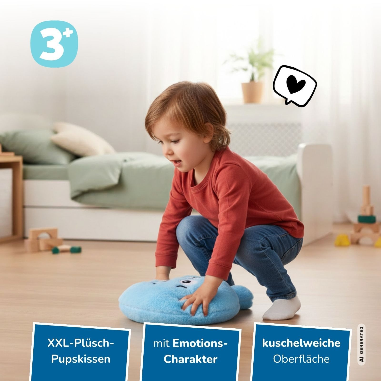 alldoro Kuscheltier XXL Plüsch-Furzkissen Bibber, großes Pupskissen in Blau mit Pups-Sound, mit Gesicht, animiert zum Lachen & Reden über Gefühle, für Kinder ab 3