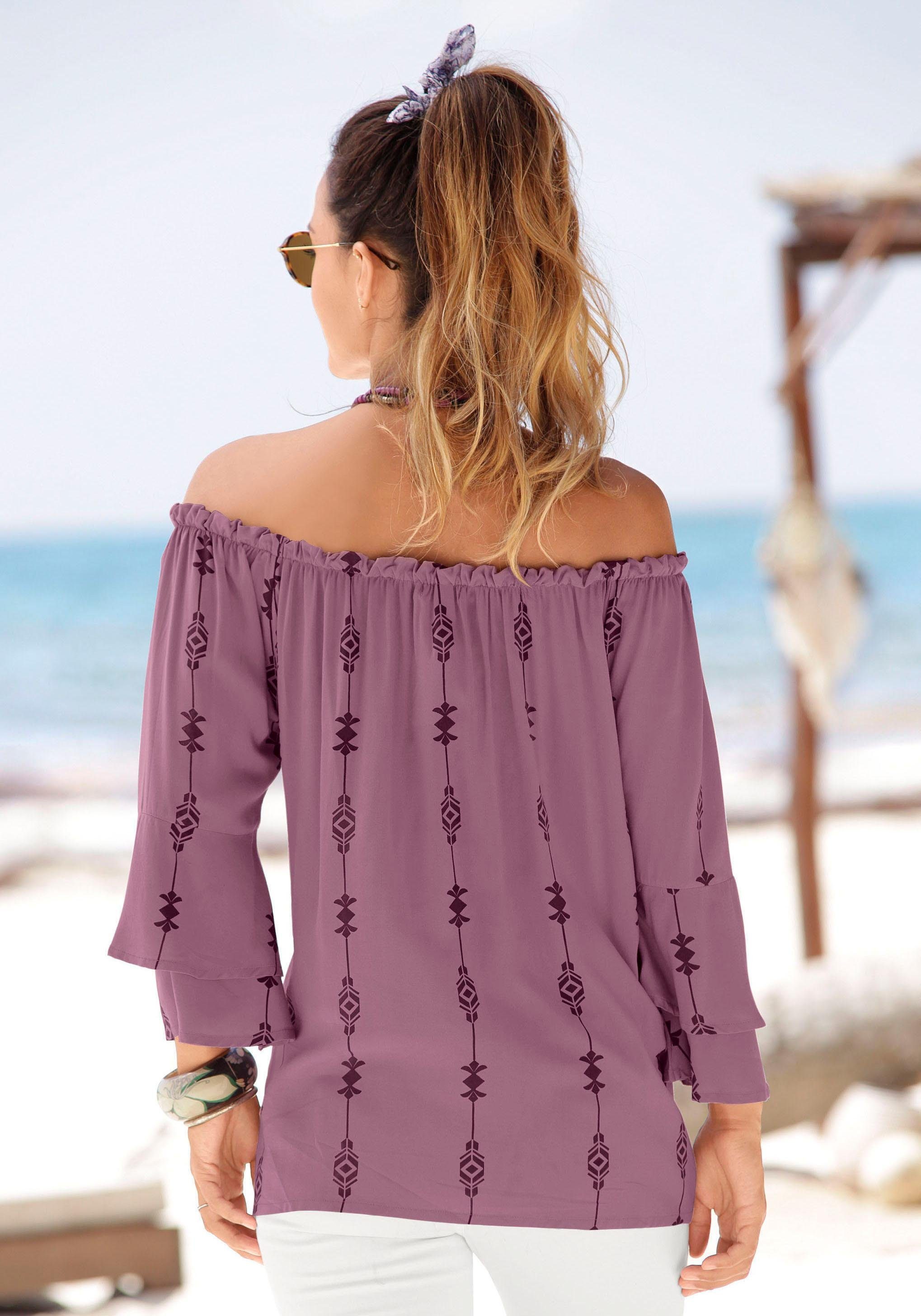 LASCANA Carmenbluse mit Ethnodruck aus gewebter Viskose schulterfreie Damenbluse, Volantbluse, Blusenshirt mit 3/4-Ärmeln – Bild 3 von 5