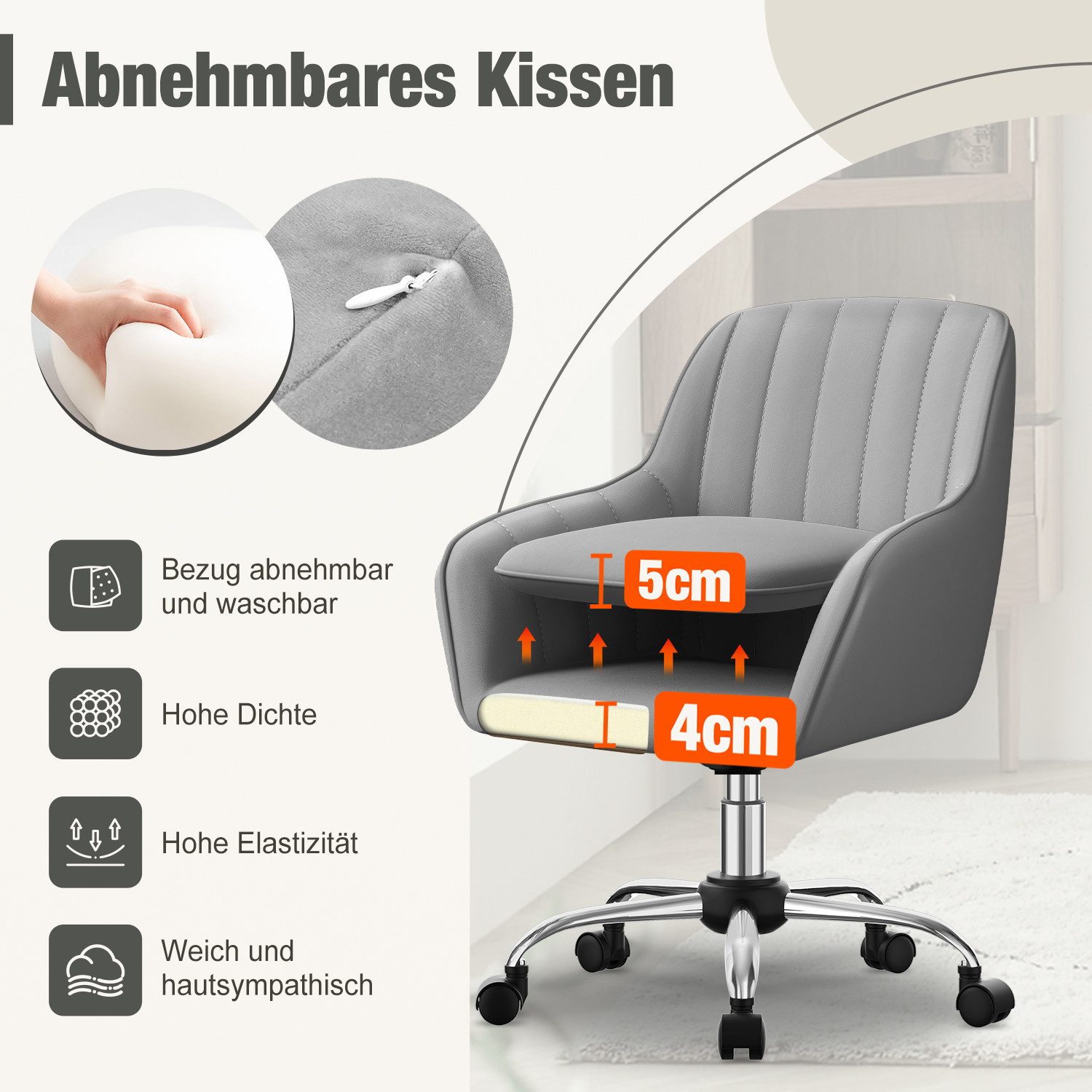 Adormii Bürostuhl Homeoffice Stuhl,Schminkstuhl mit Armlehnen,Drehstuhl mit Rrollen (Samt Stuhl,höhenverstellbar,für Schminktisch,Arbeitszimmer, Schlafzimmer,15 – Bild 3 von 5
