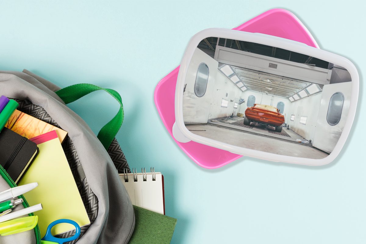 Auto - Lunchbox Snackbox, (2-tlg), Kunststoff Brotbox Erwachsene, Brotdose Kunststoff, - Mädchen, Kinder, rosa Autowaschanlage Rot, für MuchoWow