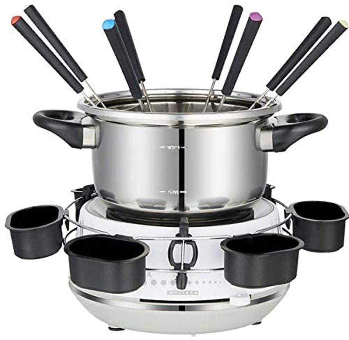 MELISSA Raclette und Fondue-Set 16310230 Elektro-Fondue mit praktischem Drehring mit 6 Saucenbechern, 1200 W