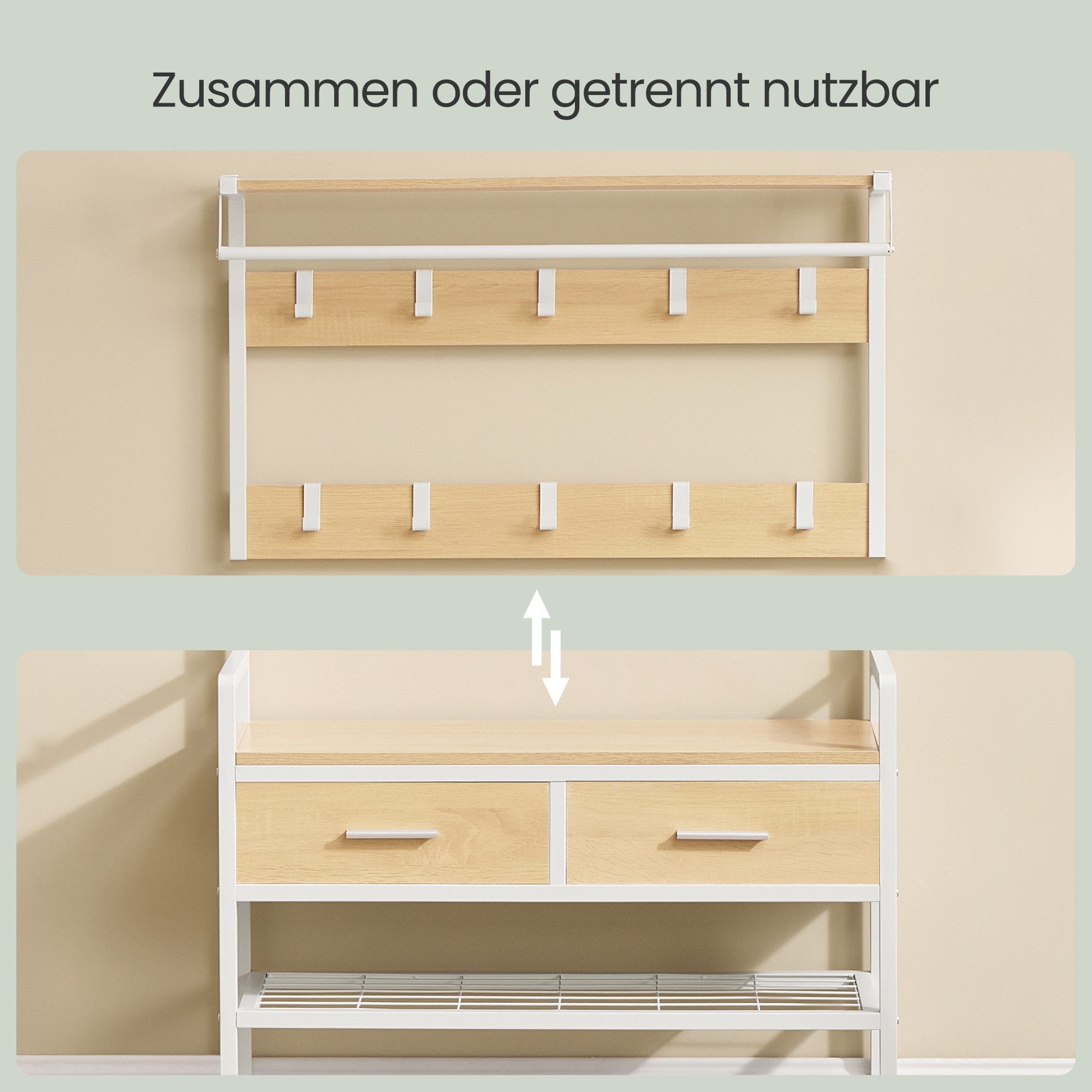 VASAGLE Garderobenständer Garderobe mit Schuhbank, mit Haken und offenen Fächern, 2 Schubladen aus Stoff – Bild 5 von 5