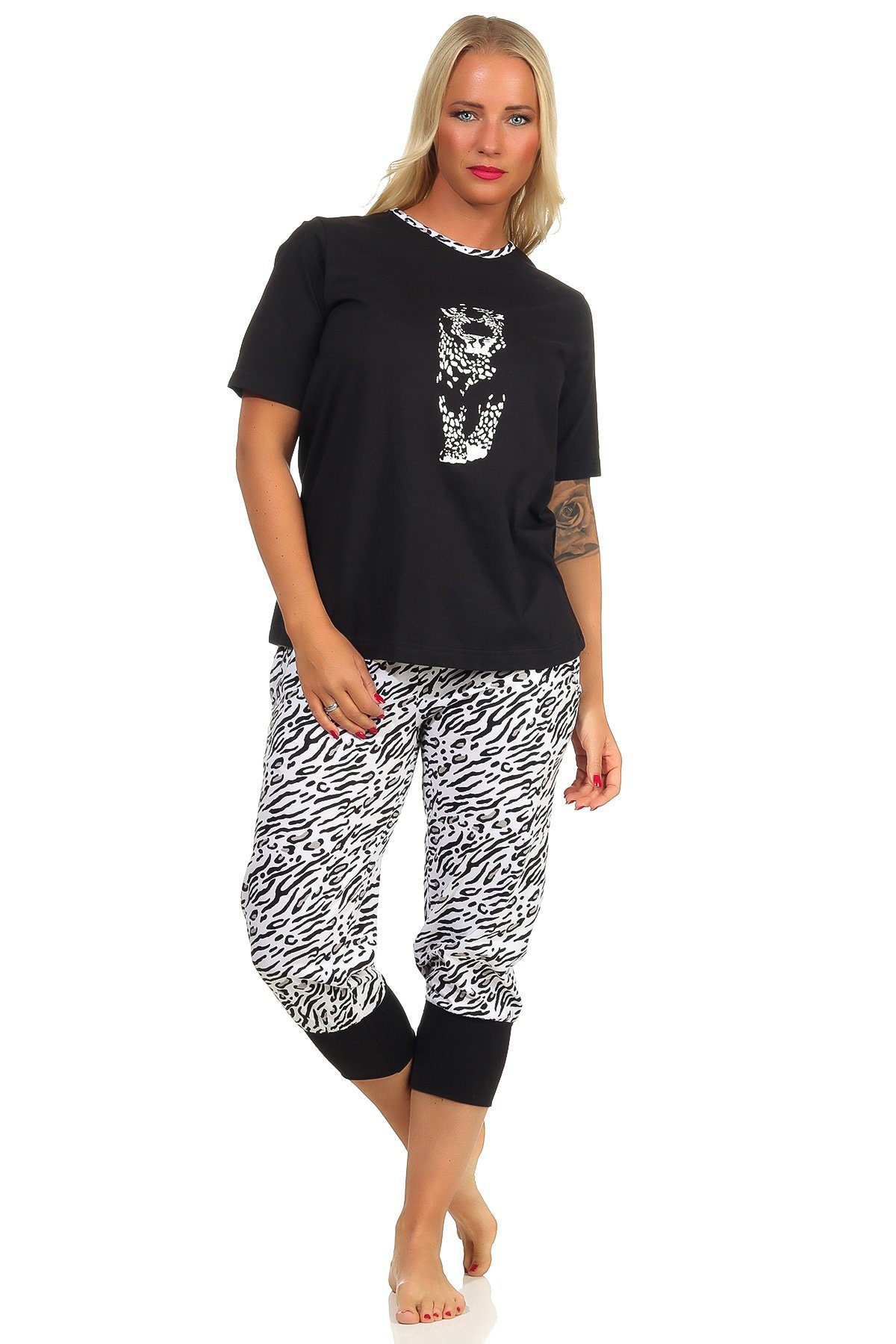 Normann Pyjama Capri Pyjama kurzarm Schlafanzug, Caprihose mit Bündchen, Tigermotiv schwarz