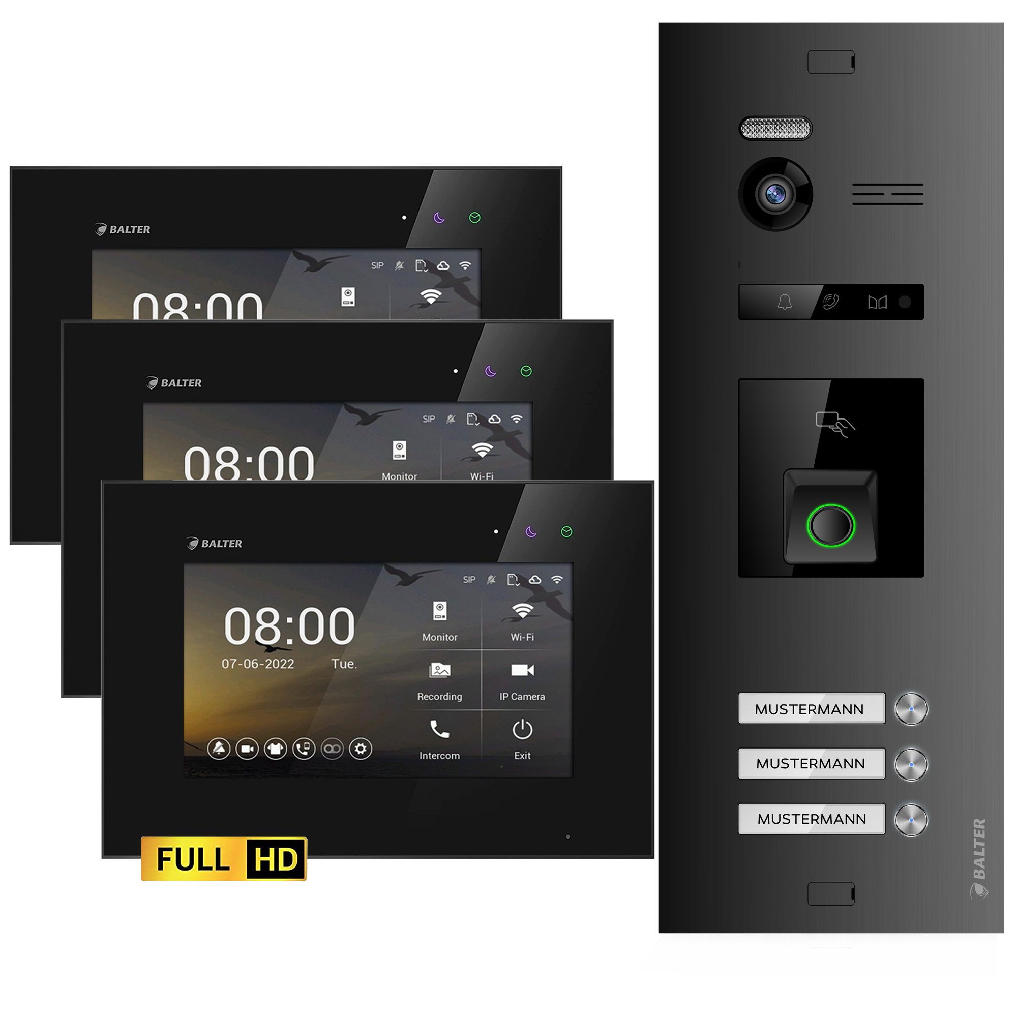 Balter Video-Türsprechanlage EVO HD Fingerprint und RFID für 3 Familienhaus, 3x Monitore (4 Familienhaus, Komplettset, 3-tlg., 3 Familienhaus, Fingerprint, RFID, 2-Draht-Bus, Full HD Kamera)