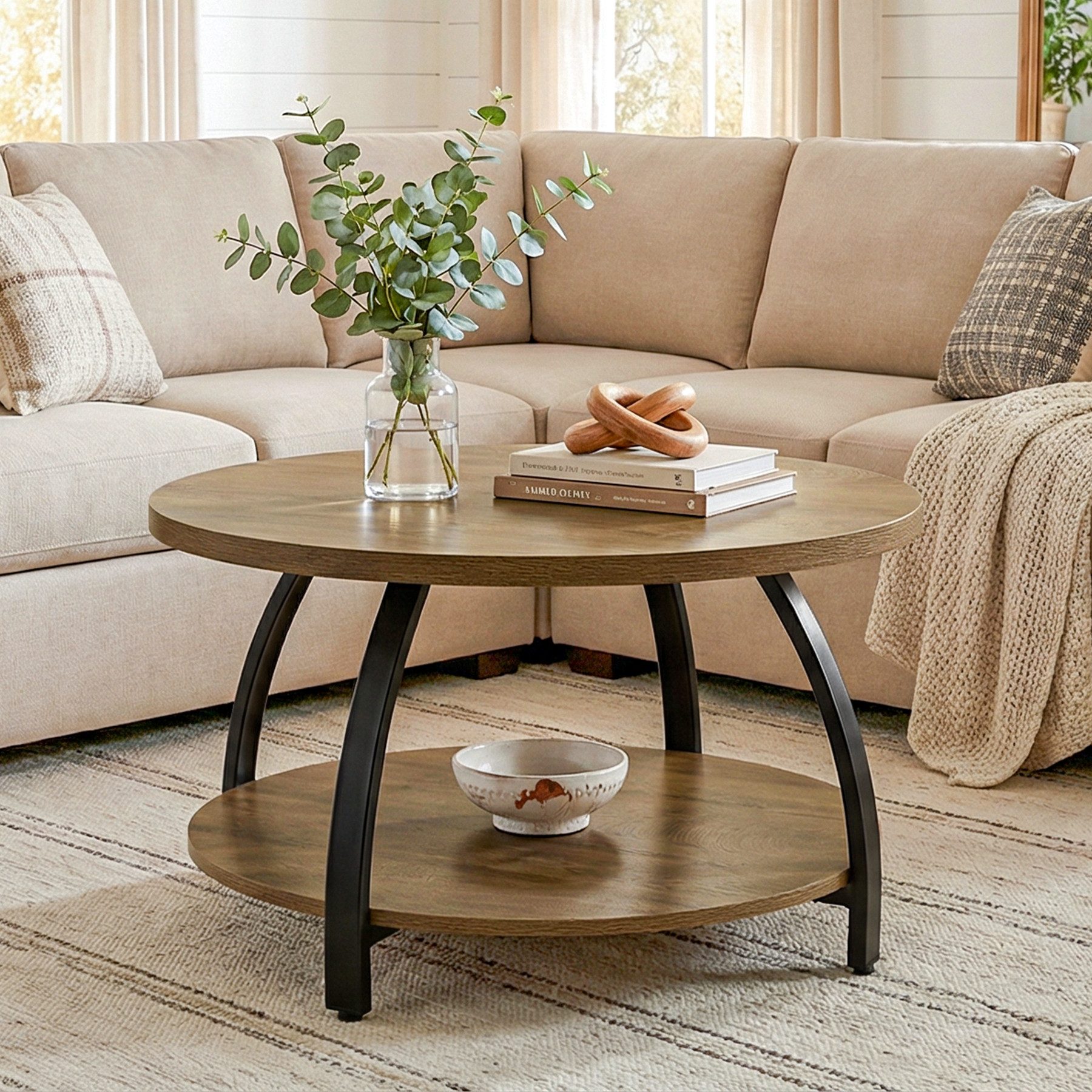Tribesigns Couchtisch Rund, 2-stufig Wohnzimmertisch im Landhausstil, Holztisch mit Stauraum