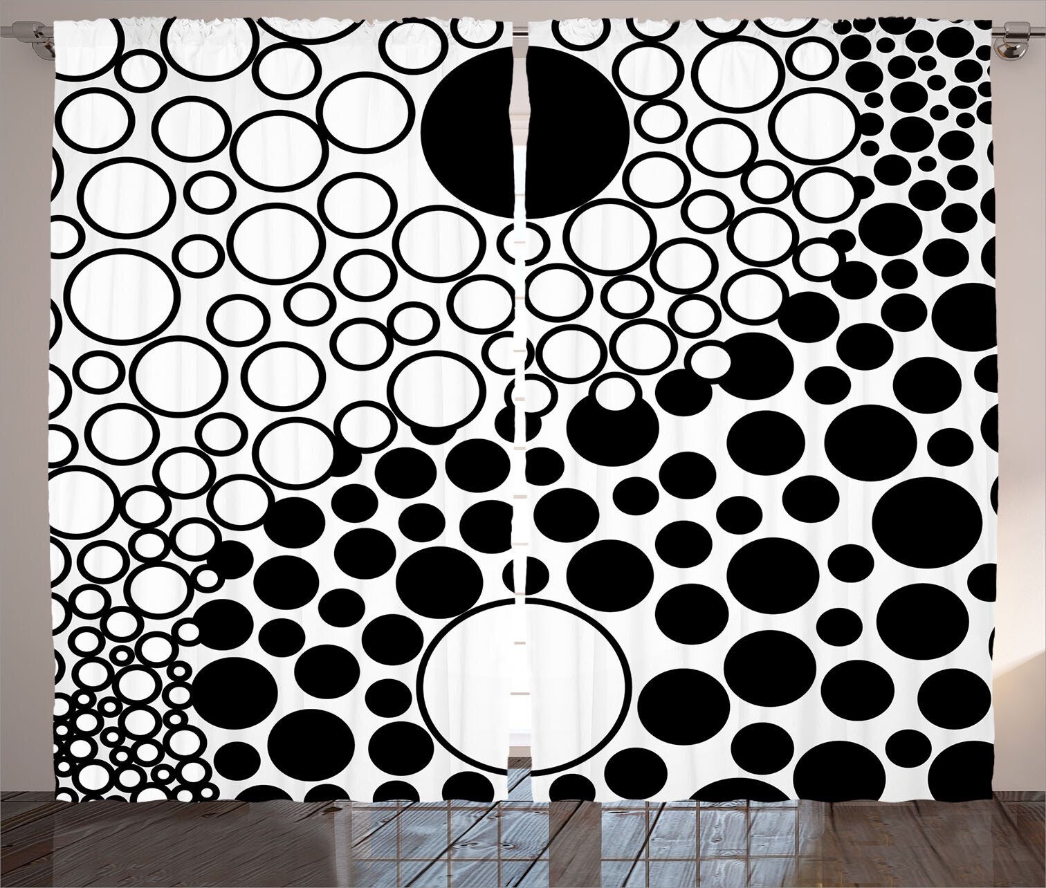 Gardine Schlafzimmer Kräuselband Vorhang mit Schlaufen und Haken, Abakuhaus, Yin-Yang Abstrakte Retro Dots