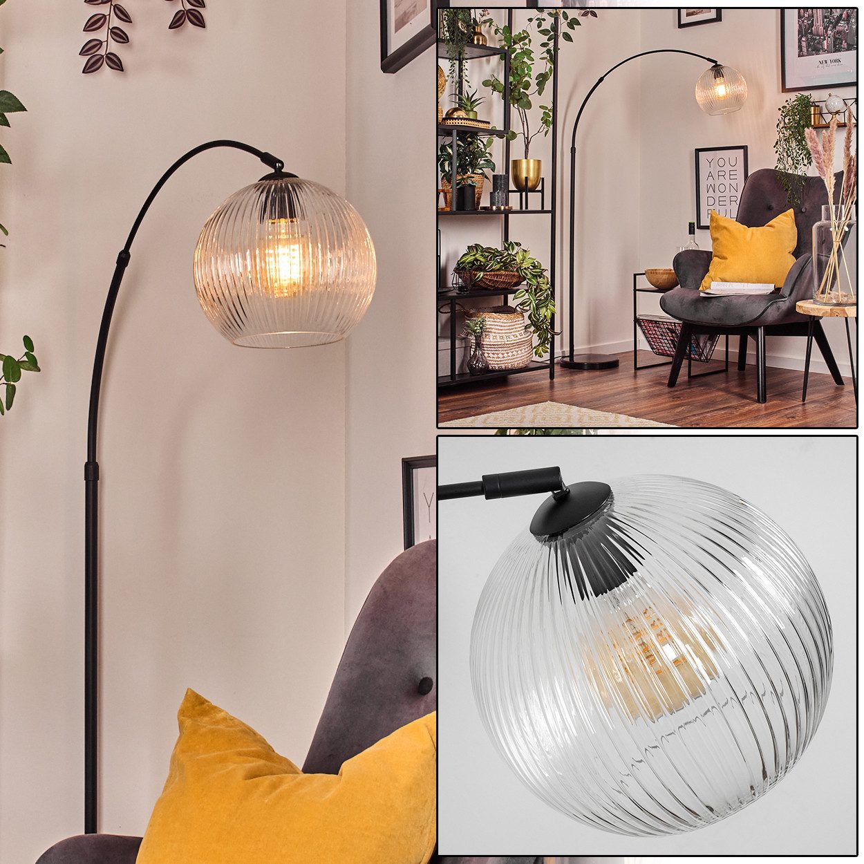 Stehlampe Stehlampe aus Metall/Riffelglas in Schwarz/Klar mit Marmorfuß