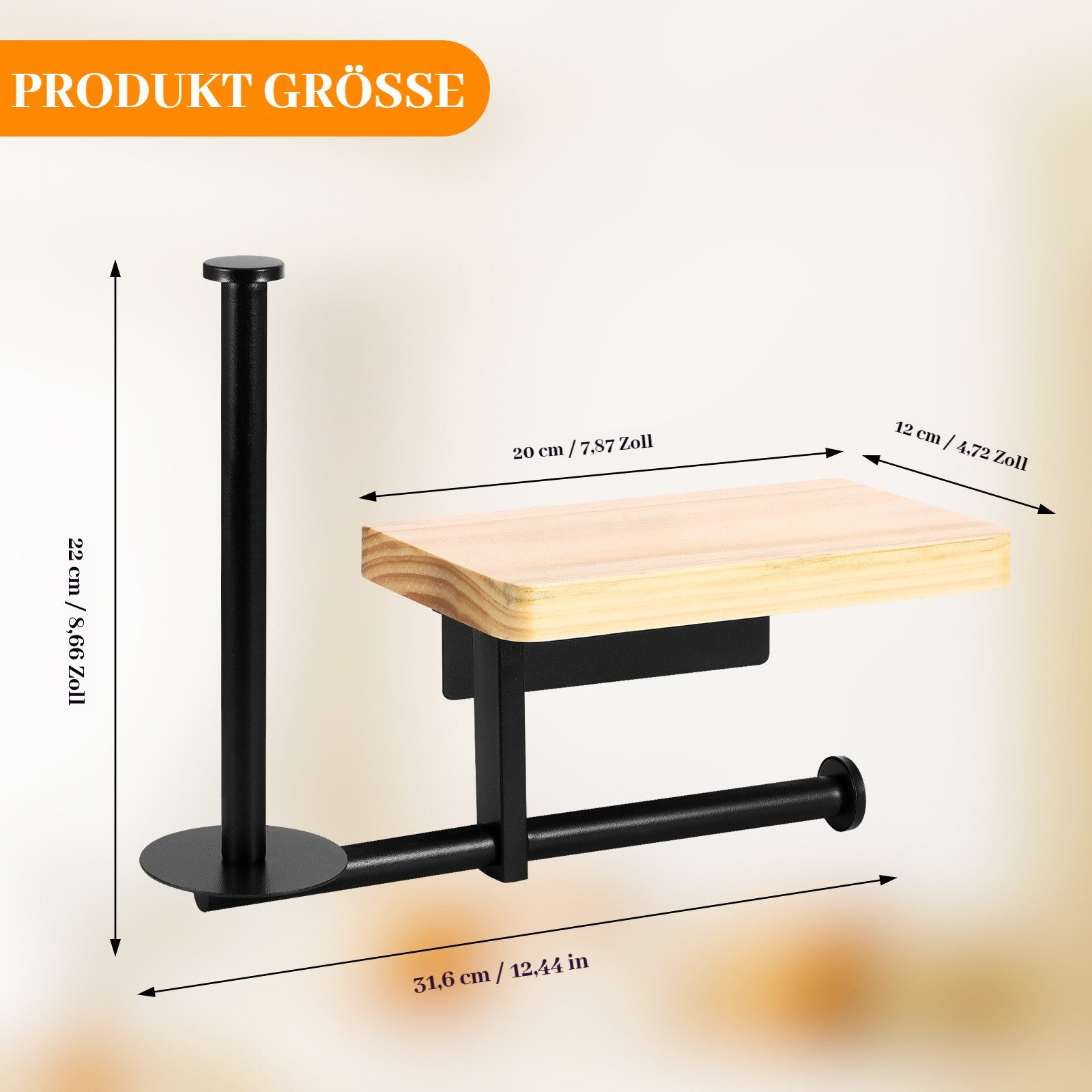 BlingBin Toilettenpapierhalter Klopapierhalter mit Ablage WC Papier Halterung Ohne Bohrung (1er Set, 1-St., 31,6 × 12 × 22 cm), Klorollenhalter mit Ablage für Bad und Küche, stilvoll, platzsparend