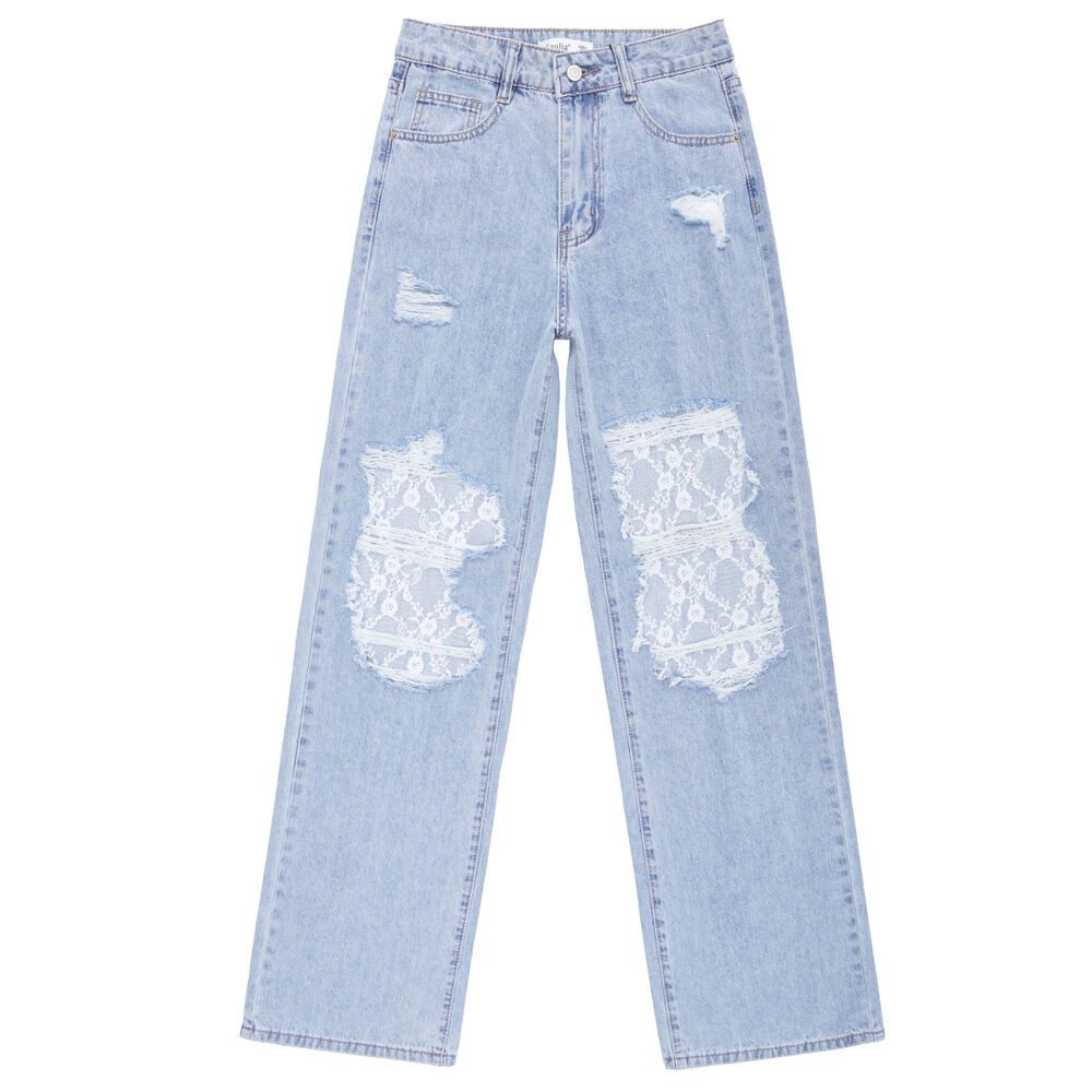 Weite Jeans Damen Wide Leg Jeans mit Spitze Destroyed Look