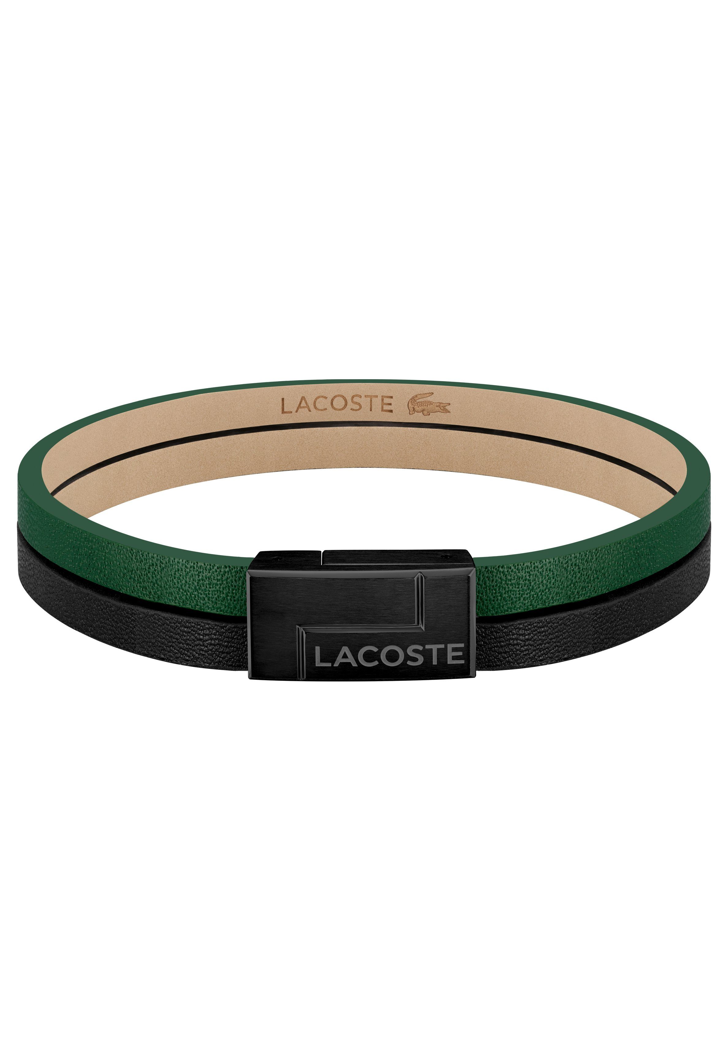 Echtes Produkt, limitierter Exklusivverkauf! Lacoste Armband Schmuck Lederarmband Krokodil zu Sneaker! - LACOSTE mit Jacke, Armschmuck schwarz-grün TRAVELER, Lacoste Polo, Edelstahl Hoodie, Jeans, Shirt