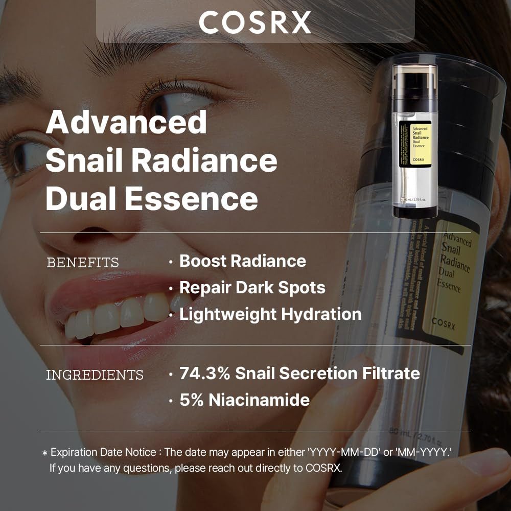 Cosrx Gesichtsserum Advanced Snail Radiance Dual Essence 80ml hochkonzentrierte Wirkstoffformel, K-Beauty Original, Dual-Essenz mit zwei Kammern, innovatives Pumpsystem