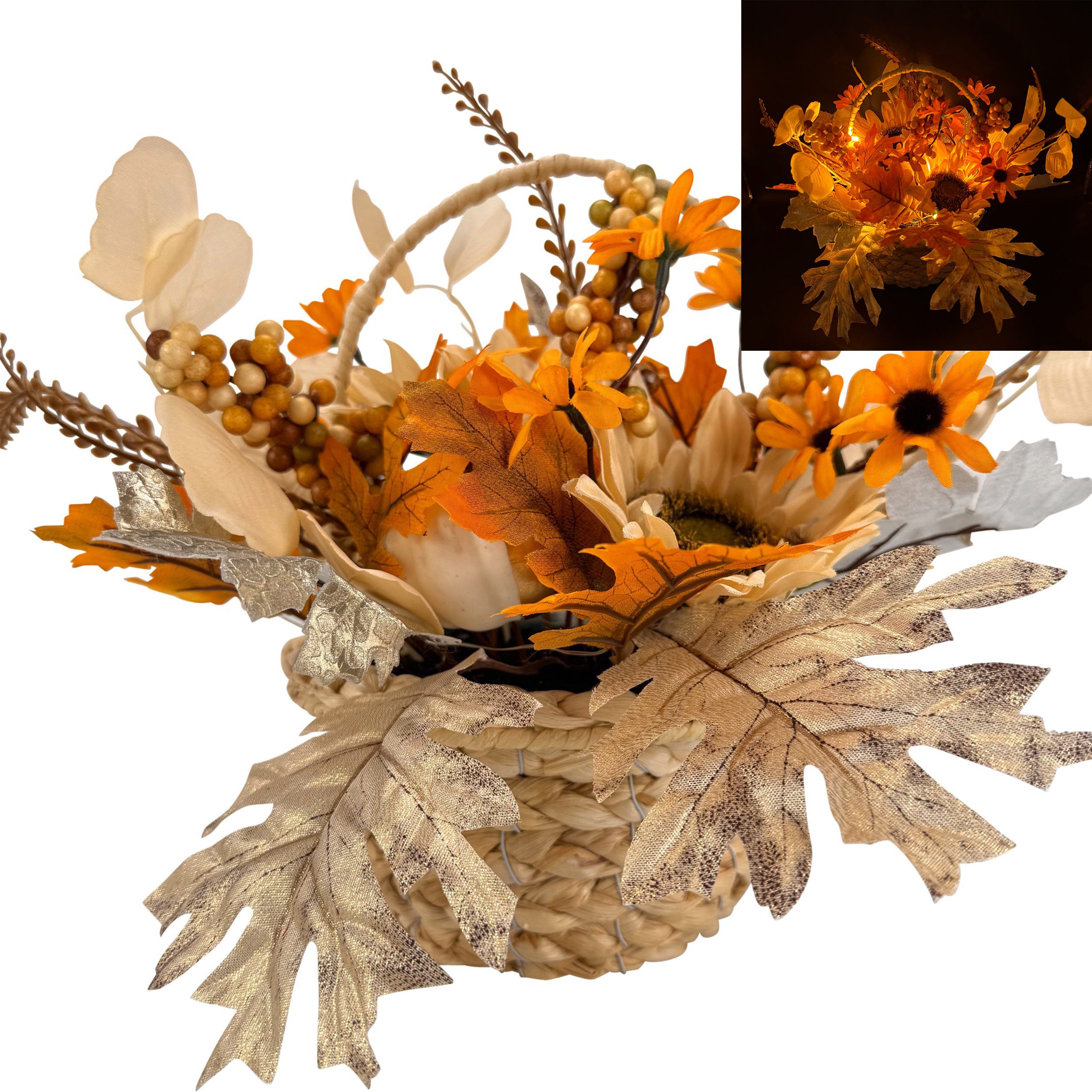 Kunstblumenstrauß - Deko Korb mit künstlichen Blumen & LED Lichterkette, Herbstdeko - Herbstlaub, Sonnenblumen, Crysanthemen, Online-Fuchs, herbstlicher Blumenkorb für ein gemütliches Amiente