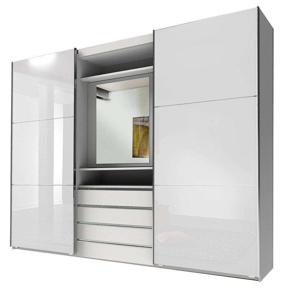 Lomadox Kleiderschrank MIDLAND-43 in weiß Schwebetüren mit Glasfront Spiegel integriert 300x236x65 cm