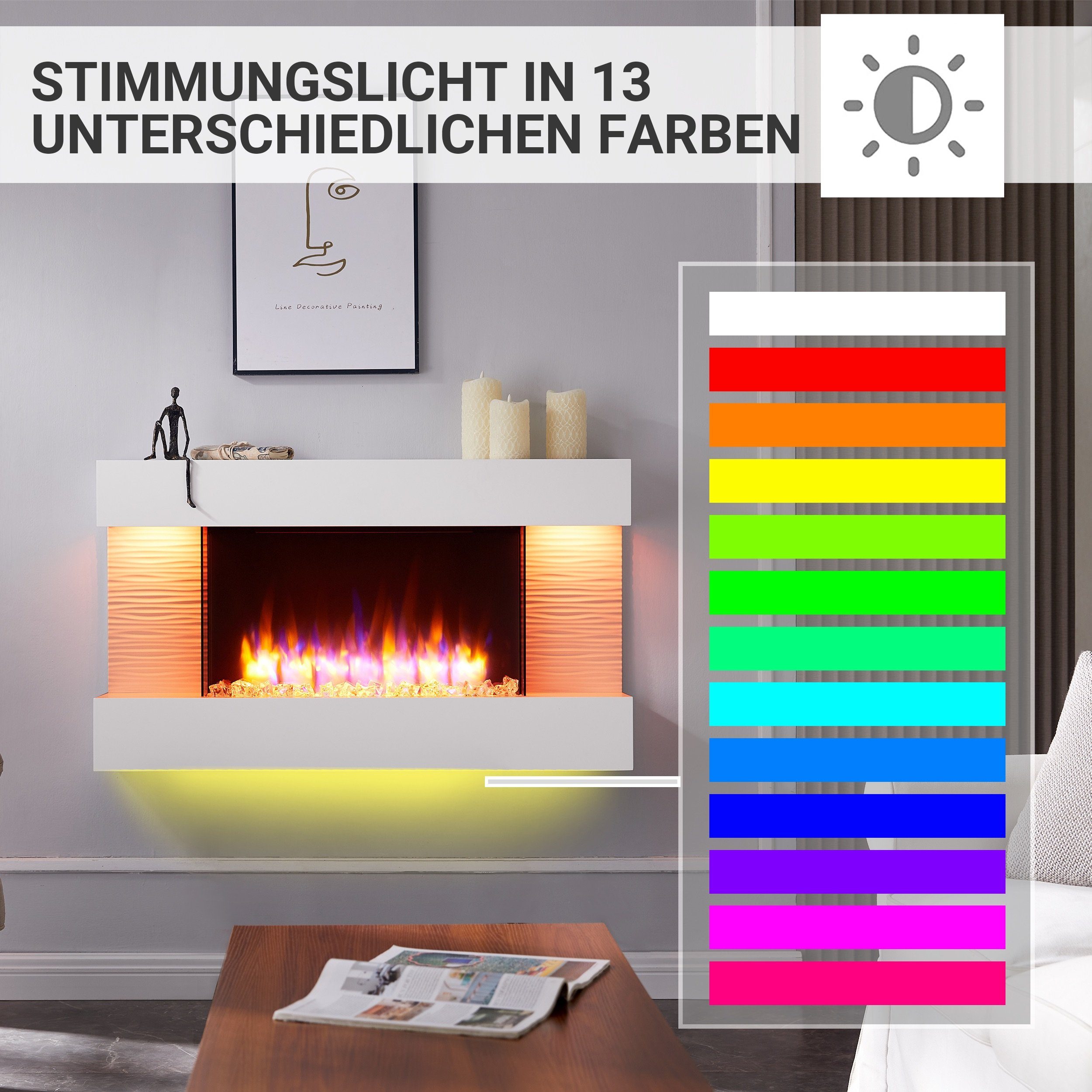 Thermostat LED-Beleuchtungs, Elis, mit Heizung Wandkamin Elektrokamin RICHEN Fernbedienung, Cremeweiß 2000W, 3D-Flammeneffekt, Timer,