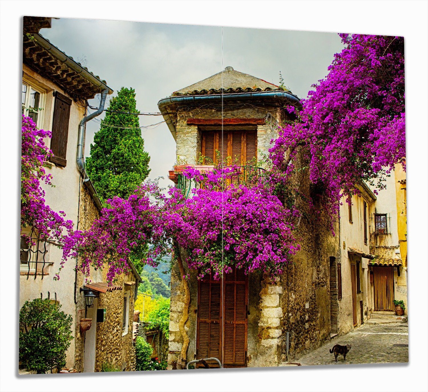 Wallario Herd-Abdeckplatte Malerische Stadt in der Provence mit bunten Blumen, ESG-Sicherheitsglas, (Glasplatte, 2 tlg., inkl. 5mm Noppen), verschiedene Größen