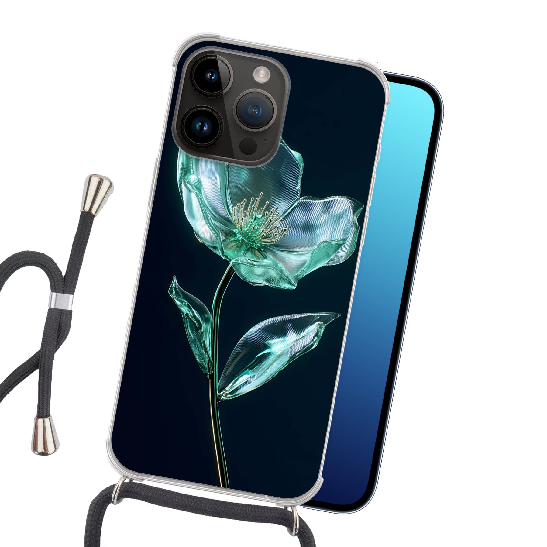 MuchoWow Handyhülle für Apple iPhone 14 Pro Max Blätter - Blume - Gläser - Dunkelblau, Tragbare Handyhüllen mit Kette zum umhängen, Handykette Handyband