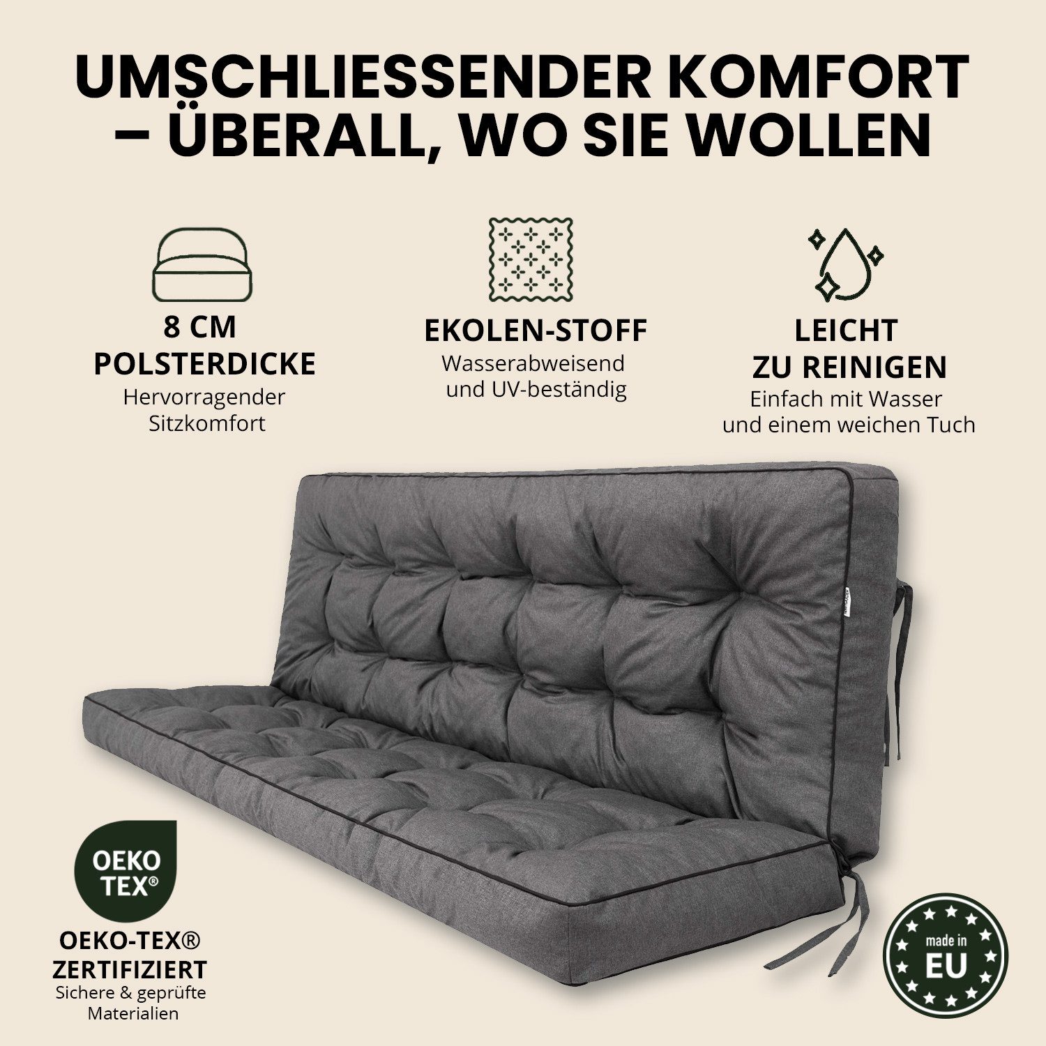 Hobbygarden Bankauflage Polsterauflage POLA 100, 120, 150 oder 180 cm, für Gartenbank & Hollywoodschaukel inkl. 2 Seitenkissen