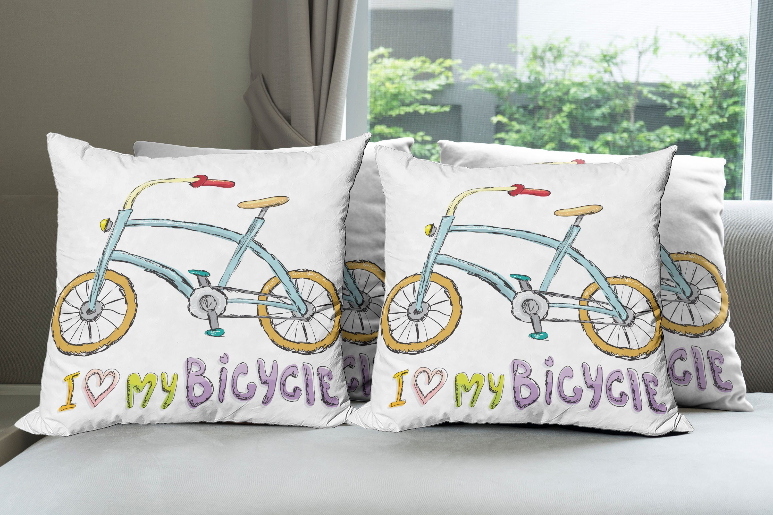 Modern Fahrrad-Kinder Kissenbezüge Abakuhaus Karikatur Accent Liebe Doppelseitiger Digitaldruck, (4 Stück), Worte