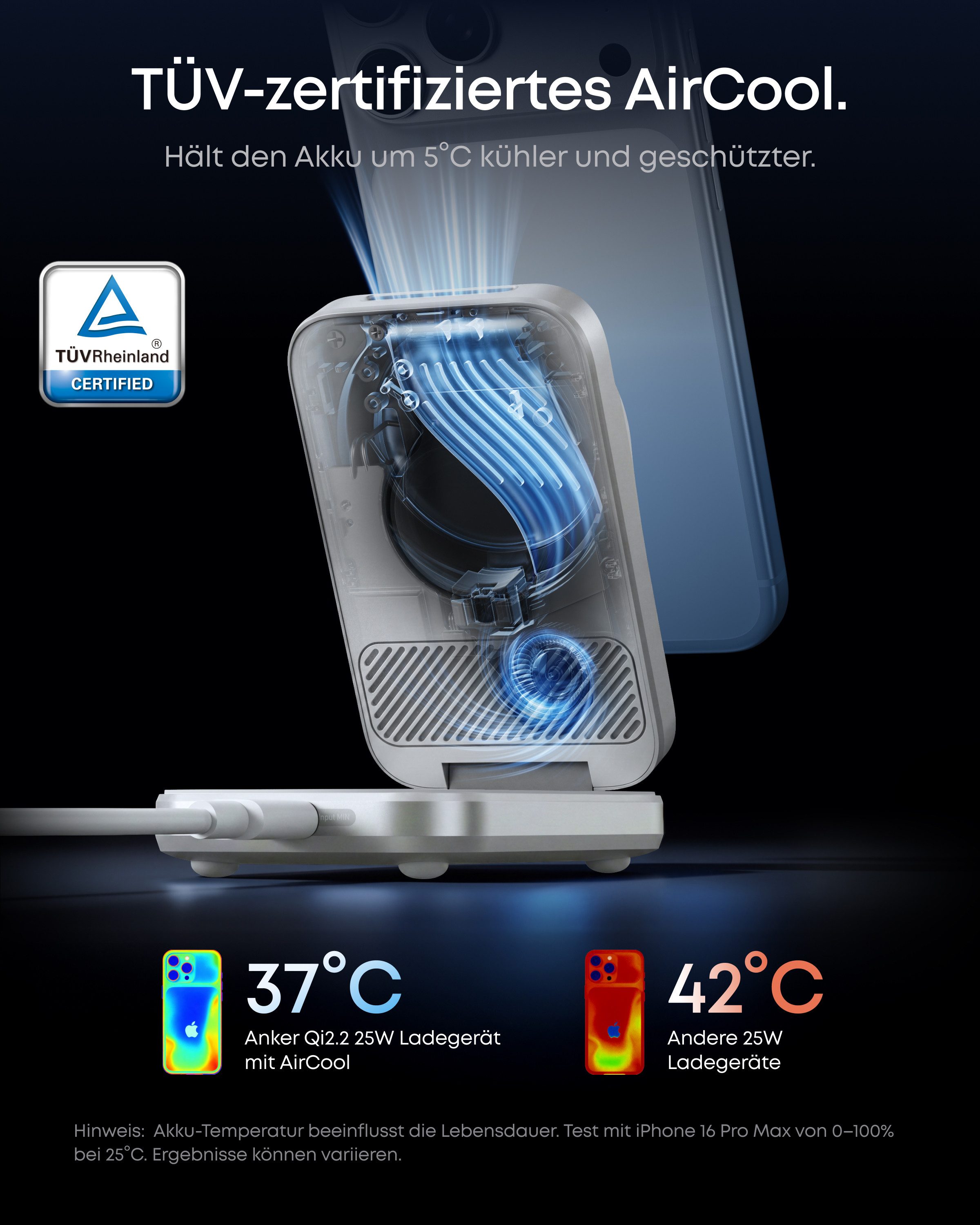 Anker Anker Prime 3-in-1 Ladestation,Qi2.2 25W, AirCool kabelloses Ladegerät Induktions-Ladegerät (MagSafe-kompatibel für iPhone, Apple Watch & AirPods (ohne Akku)