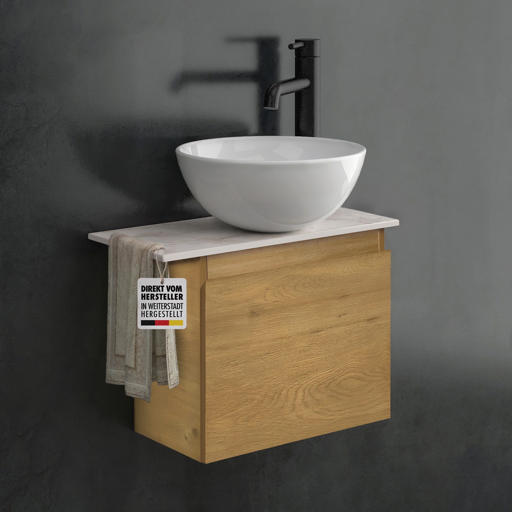 Alpenberger Badmöbel-Set mit Aufsatzwaschbecken Waschtisch mit Unterschrank & Keramikplatte, (Gäste WC Waschtisch mit Waschbecken, Waschbeckenunterschrank mit Softclose), Aufsatzwaschbecken mit Unterschrank hängend, Gäste WC Möbel