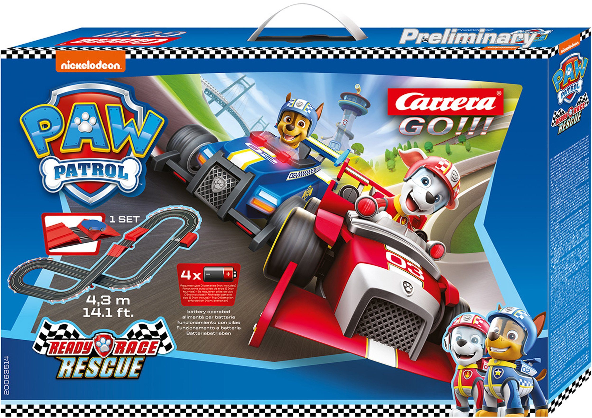 Image of CARRERA GO!!! - PAW Patrol - Ready, Race & Rescue Autorennbahn mit Chase und Marshall, Starterpaket mit Sprungschanze