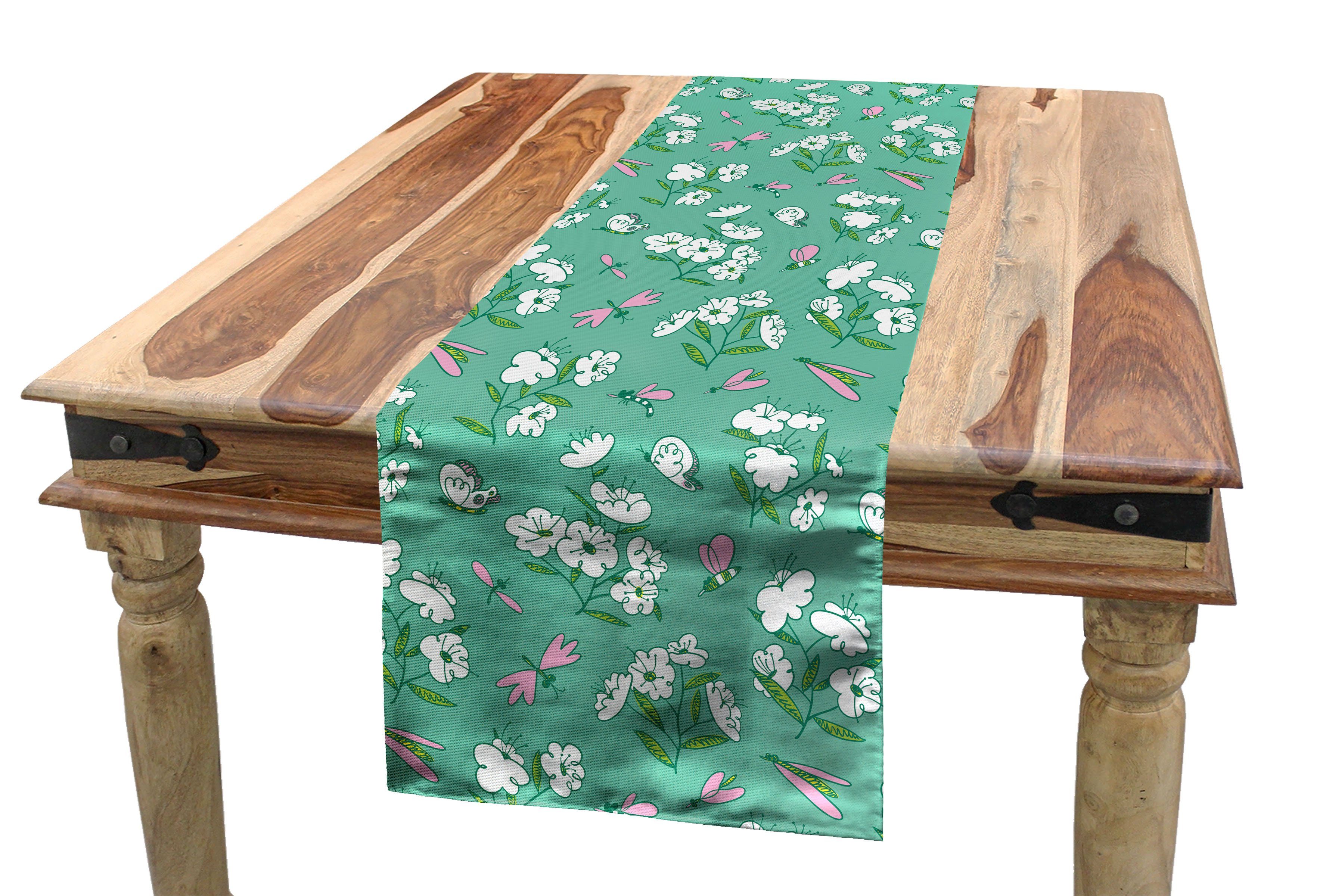 Abakuhaus Tischläufer Esszimmer Küche Rechteckiger Dekorativer Tischläufer, Gekritzel Blooming Pflanzen Schmetterlinge