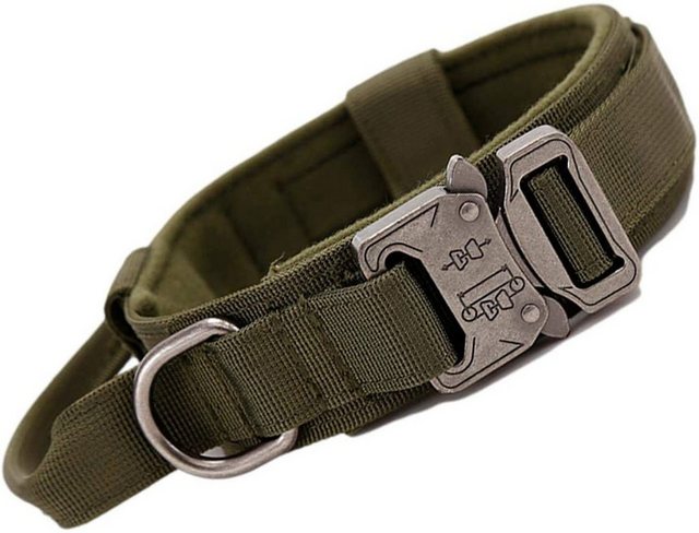 Housruse Hunde-Halsband Verstellbares taktisches Hundehalsband mit Kommandogriff, Militär-Nylonhalsband mit Metallschnalle, geeignet für mittlere und große Hunde (Militärgrün, L), Länge 42cm-54cm