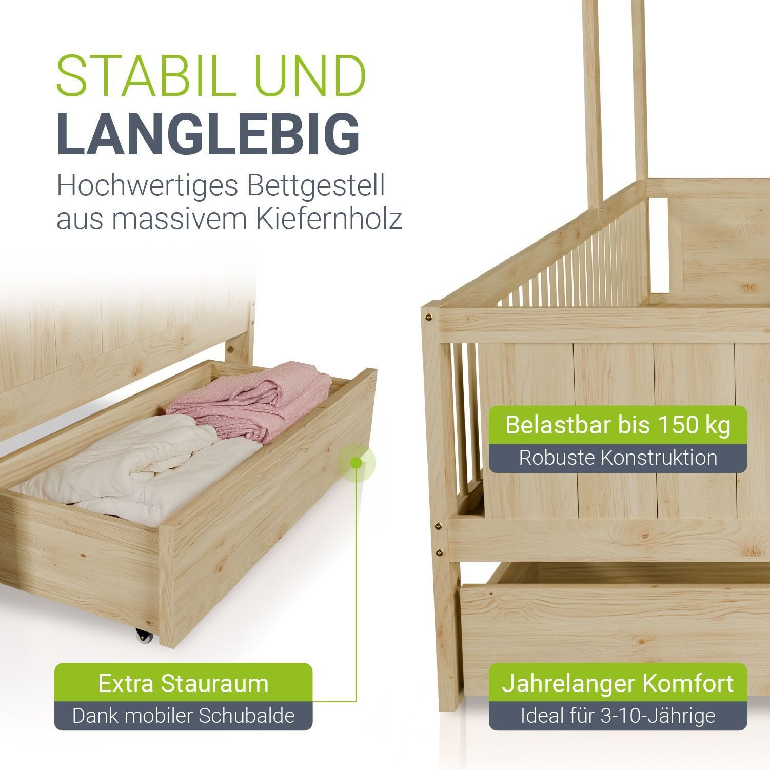 Juskys Kinderbett Yari, inkl. 90x200 Matratze, Hausoptik, Schreibtisch, 3 - 10 Jahre