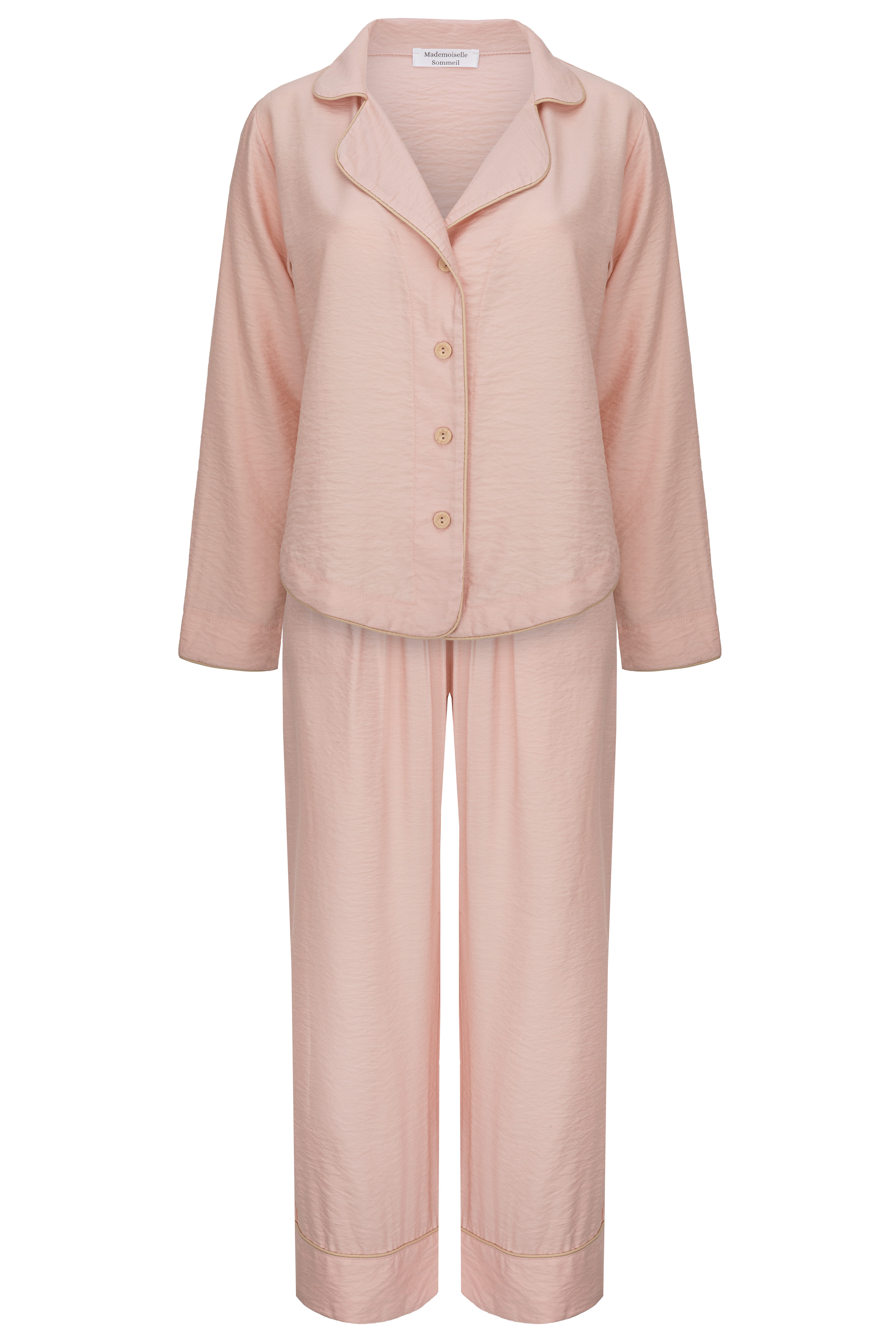 Mademoiselle Sommeil Pyjama Zweiteiliger Schlafanzug in Rosé aus Viskose-Nylon (2 tlg) Langarm mit Reverskragen & weiter Hose, elegante Loungewear