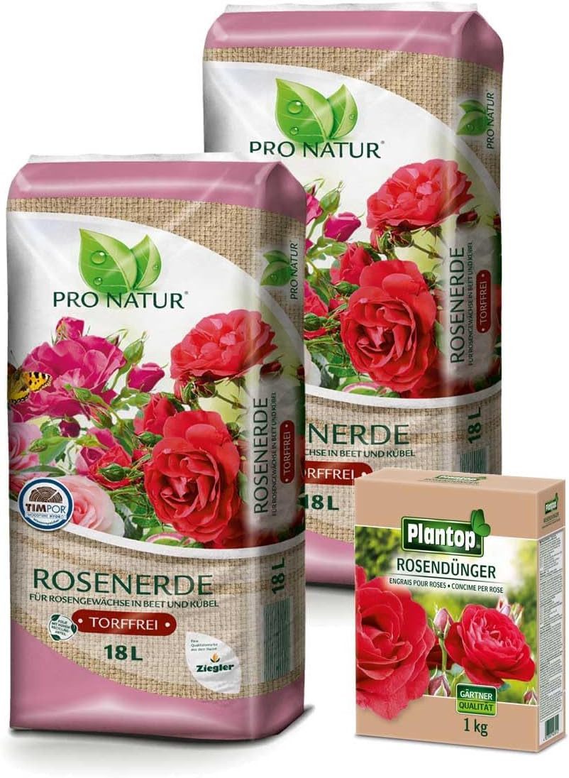 Ziegler Erdenwerk Pflanzerde Pro Natur Rosenerde torffrei 2x18,0 l & Rosendünger 1,0 kg (36 Liter)