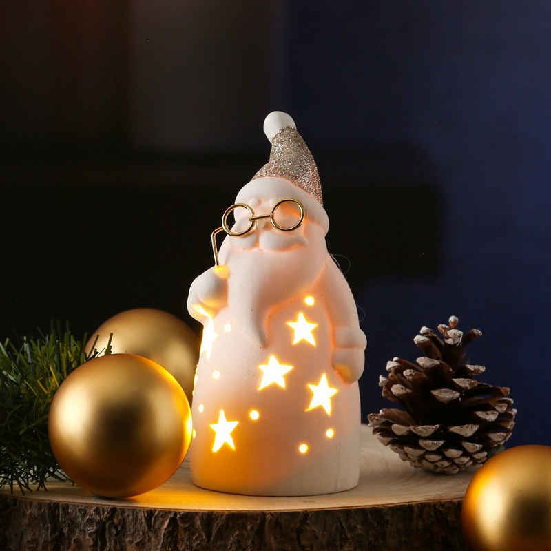 MARELIDA Weihnachtsmann LED Weihnachtsfigur mit Brille glitzernde Mütze H: 15cm weiß gold (1 St)