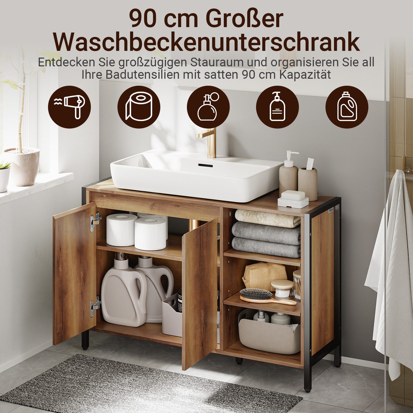 SoBuy Waschbeckenunterschrank BZR63, Waschtischunterschrank Badezimmer Unterschrank mit U-Aussparung extra lang, Breite 90cm, offene Fächer, höhenverstellbare Ablagen