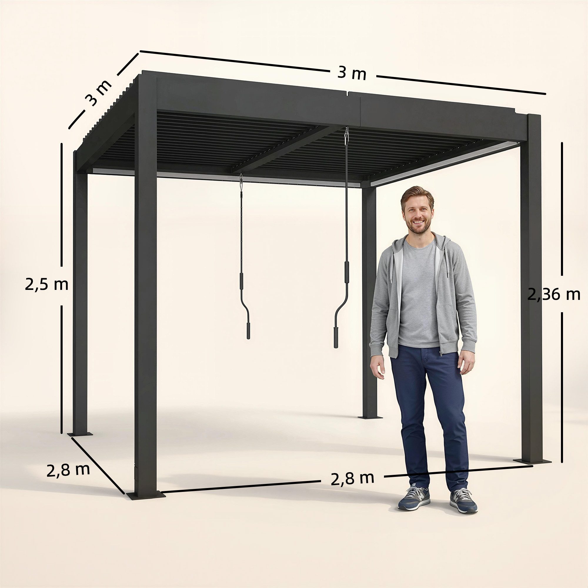 Outsunny Pergola mit LED-Beleuchtung, Fernbedienung, verstellbar Lamellendach, BxTxH: 300x300x250 cm, (Pavillon, 4-tlg., Terrassenüberdachung), Dunkelgrau