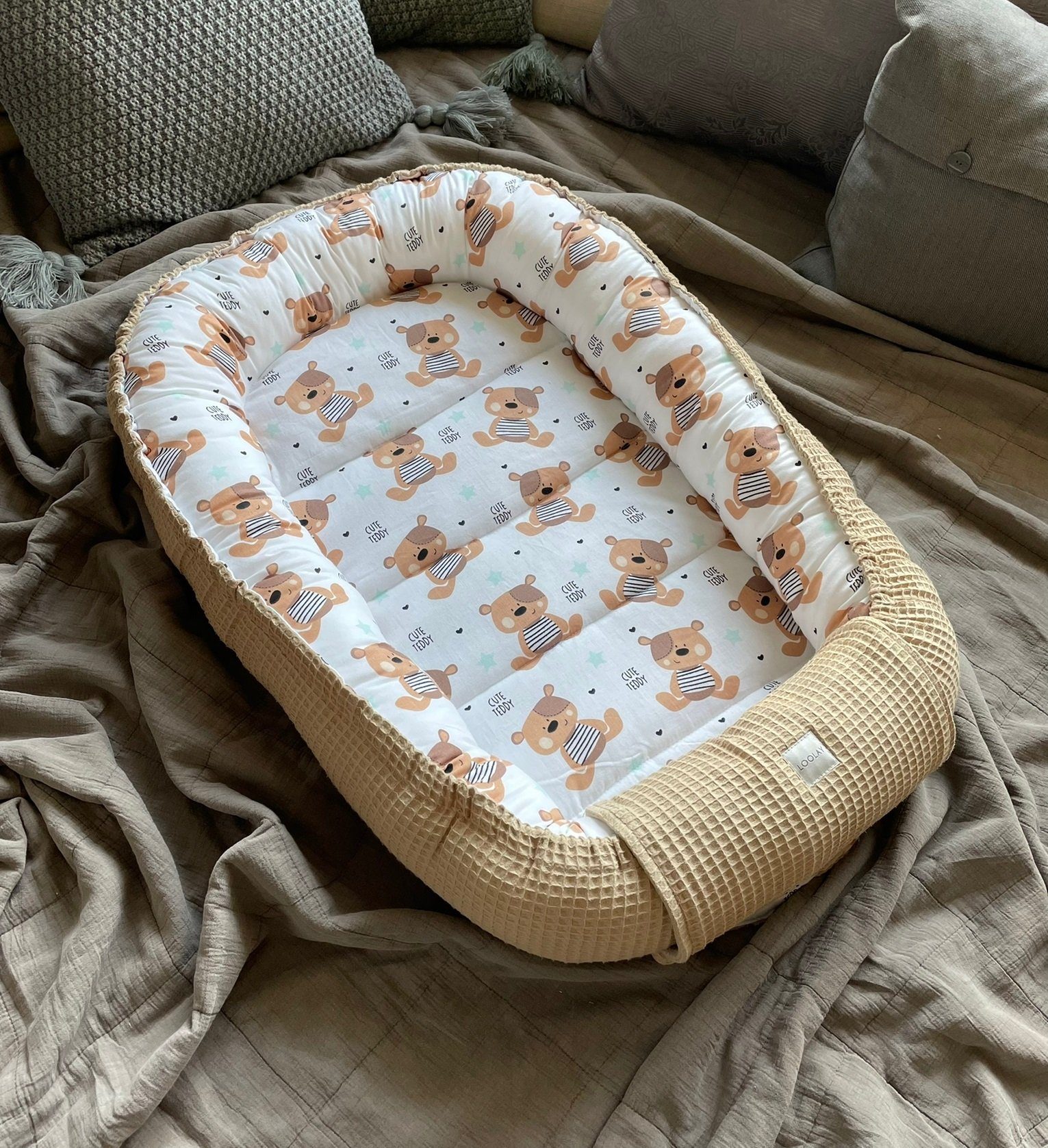 Loolay Bettnestchen TAUPE WAFFELPIQUE Braun TEDDY Baumwolle BABYNEST Babykokon Kokon, (Neugeborene Babyaustattung Reisebett Nestchen SOLO/ o. in Geschenk SETS,  – Bild 4 von 5