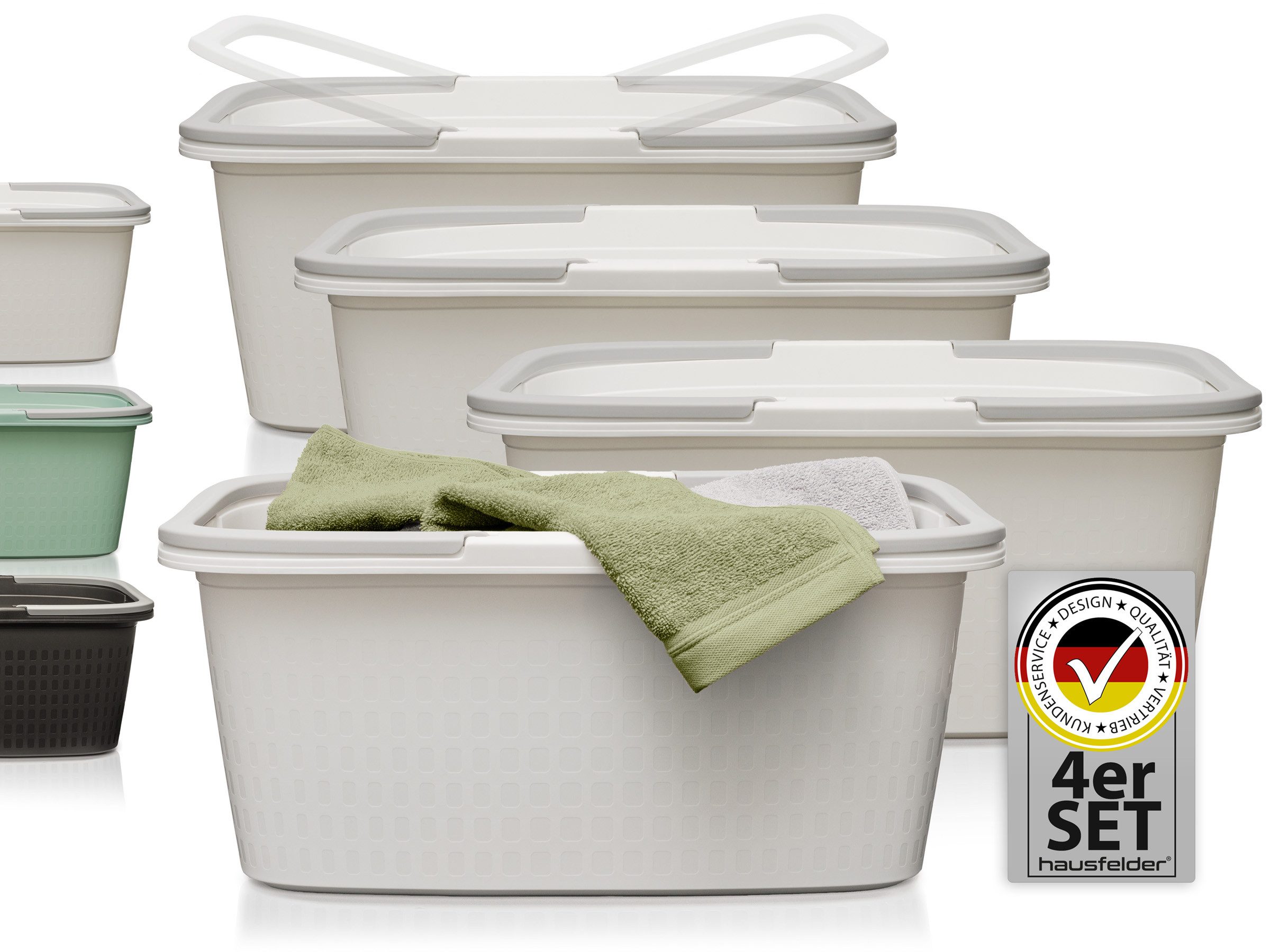 Hausfelder Wäschekorb Wäschewanne 58x37x25cm (Weiß, 4 Wannen, 35 l) (Set, 4 St., 4 x Wäschewannen), mit klappbaren Henkeln, mit Griffen, 35 Liter
